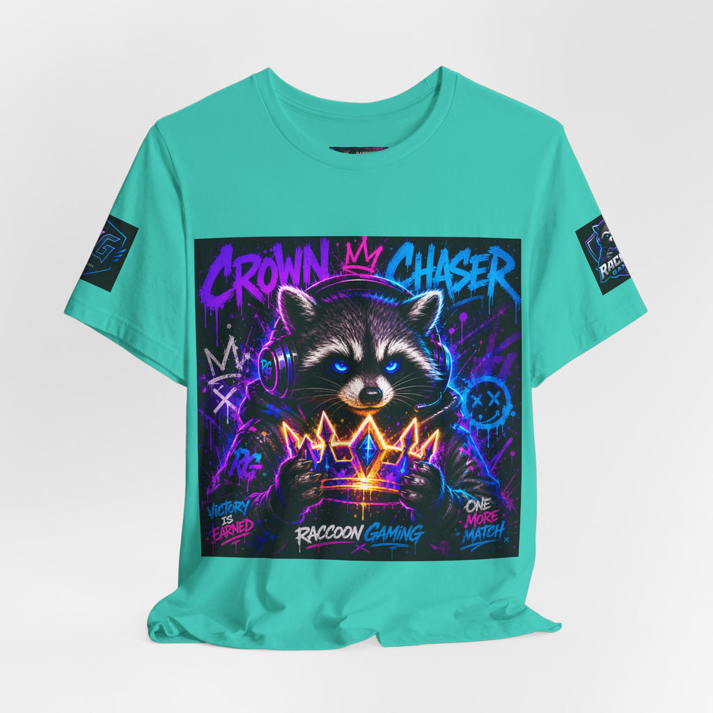 Crown Chaser Raccoon Gaming Tee — "Every Match is Earned" Gamer T-Shirt