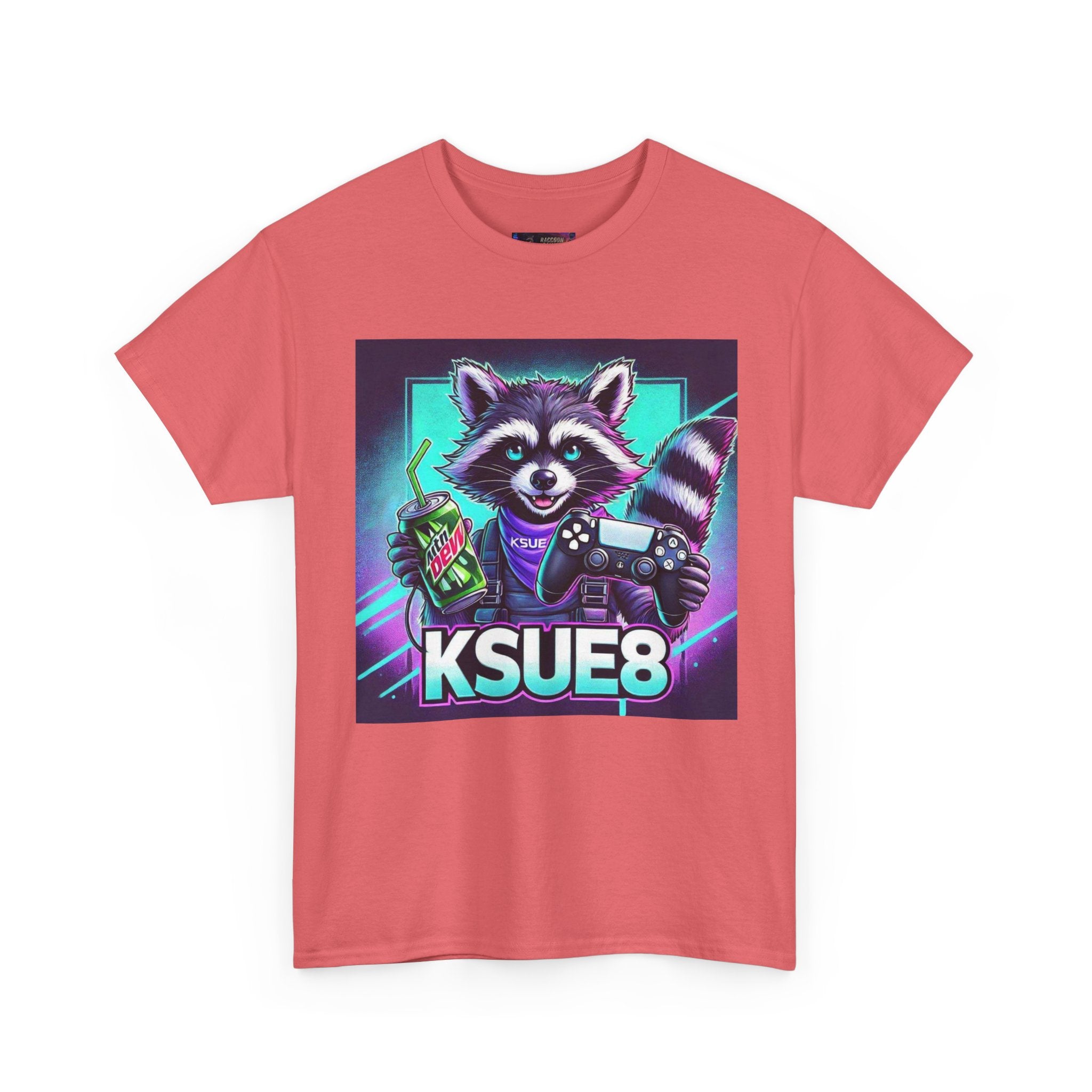 Raccoon Gamer Graphic Tee — 'KSUE8' Neon Retro Gaming T-Shirt