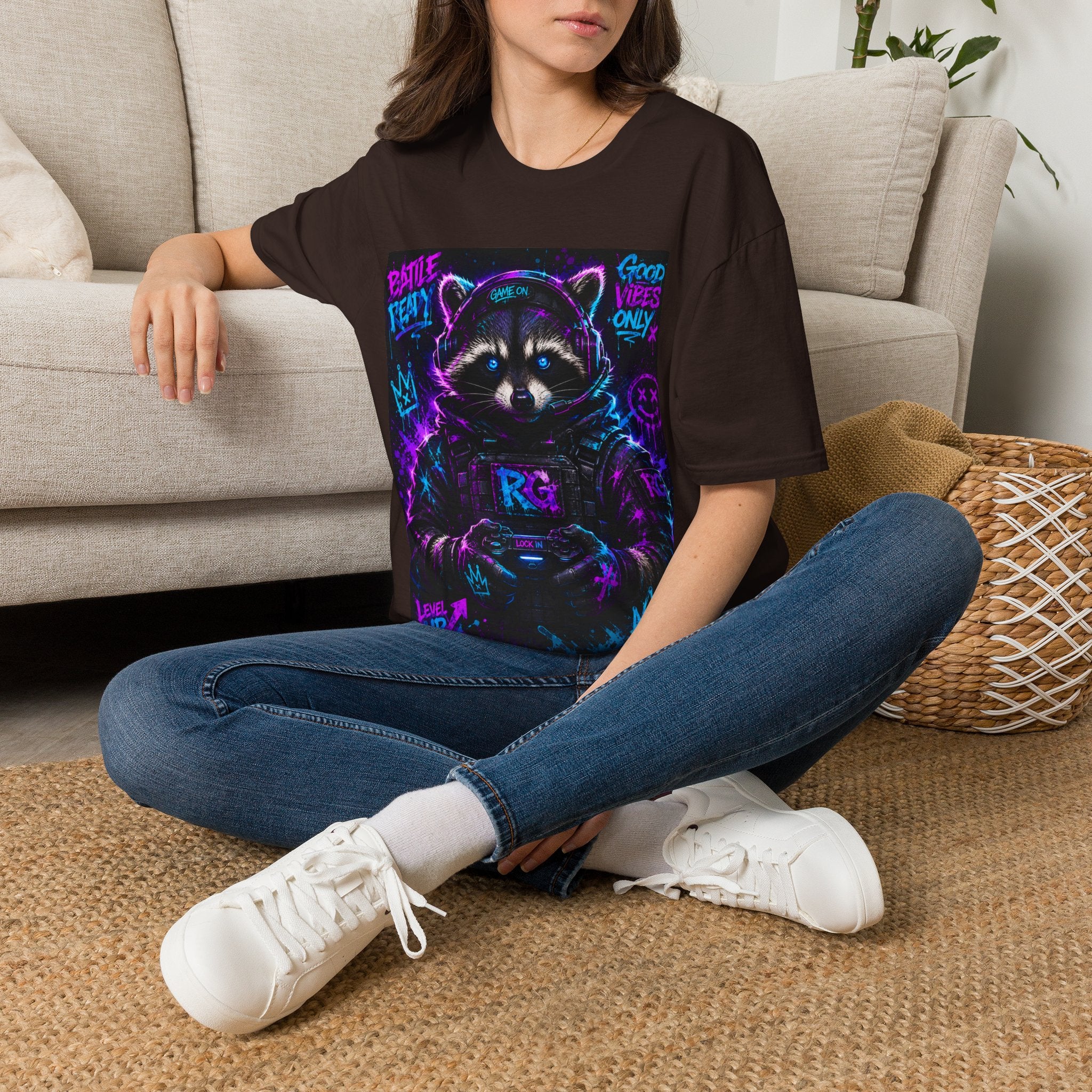Raccoon Neon Graphic T-Shirt — "Good Vibes Only" Retro Gamer Streetwear