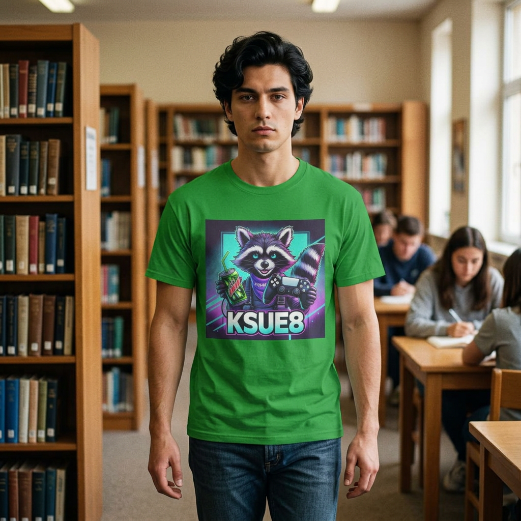 Raccoon Gamer Graphic Tee — 'KSUE8' Neon Retro Gaming T-Shirt