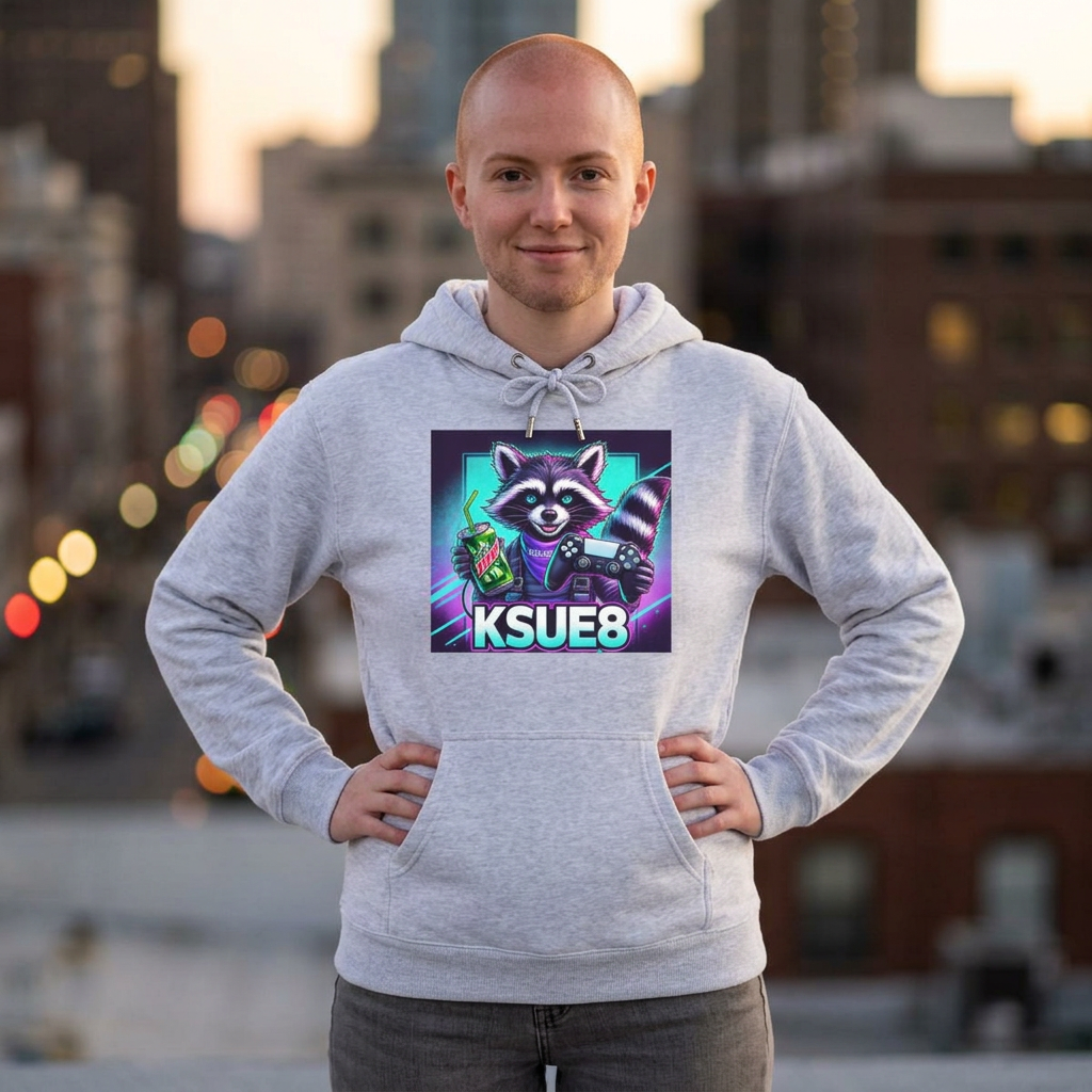 Raccoon Gamer Hoodie – KSUE8 Neon Arcade Pullover