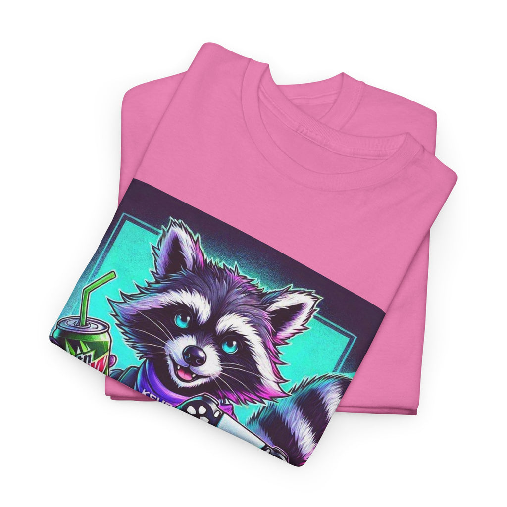 Raccoon Gamer Graphic Tee — 'KSUE8' Neon Retro Gaming T-Shirt