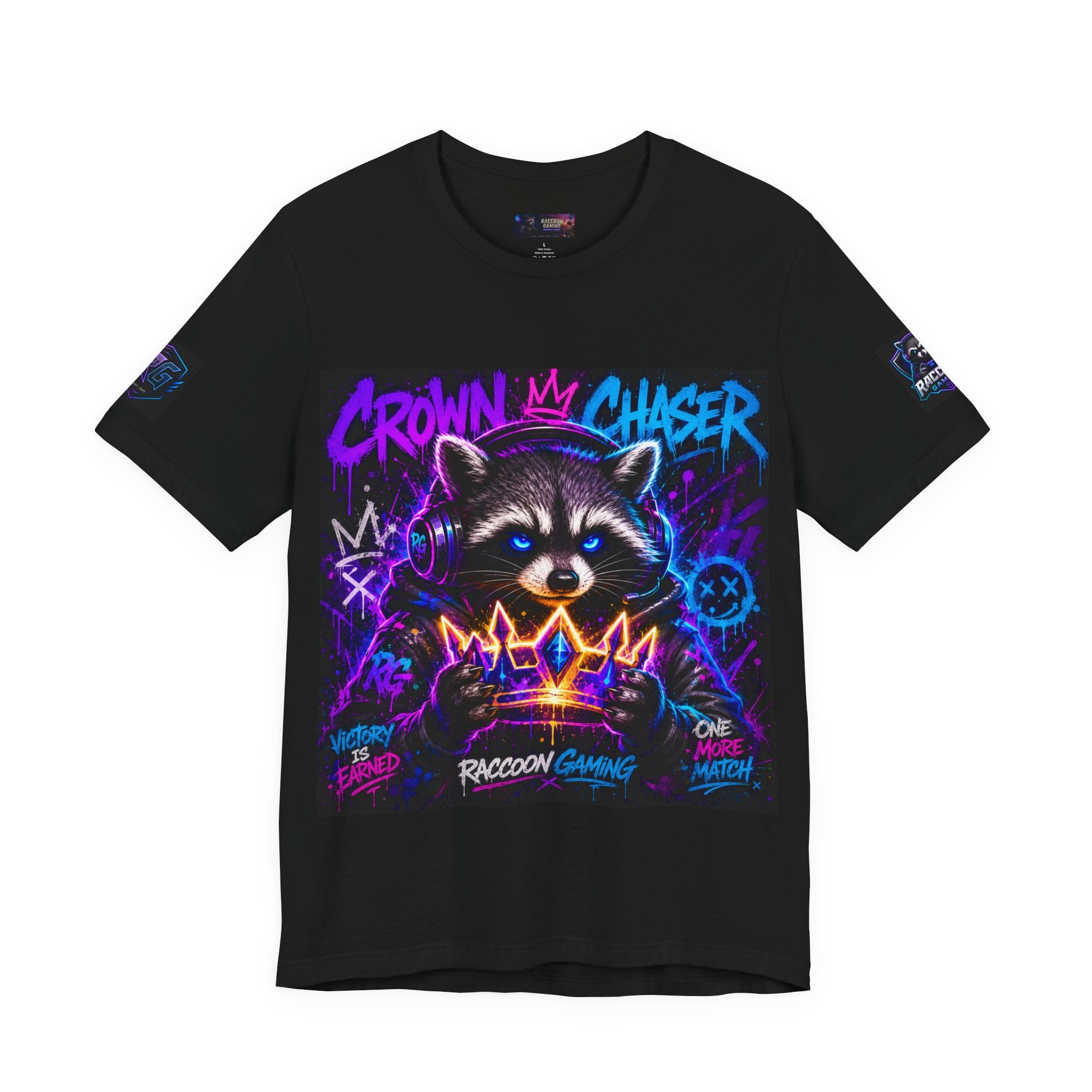 Crown Chaser Raccoon Gaming Tee — "Every Match is Earned" Gamer T-Shirt