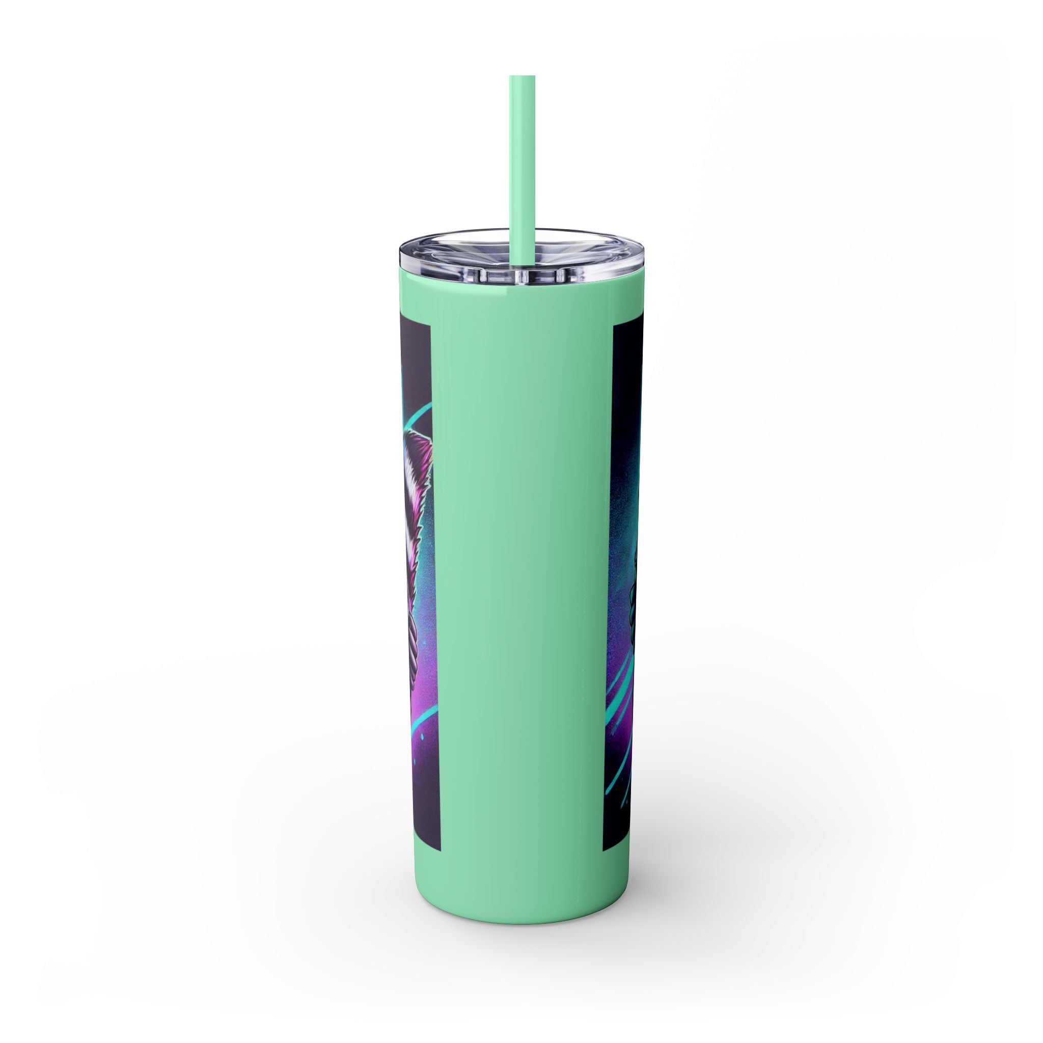 20oz Skinny Tumbler – Neon Gamer Raccoon Design with Straw (KSUE8)