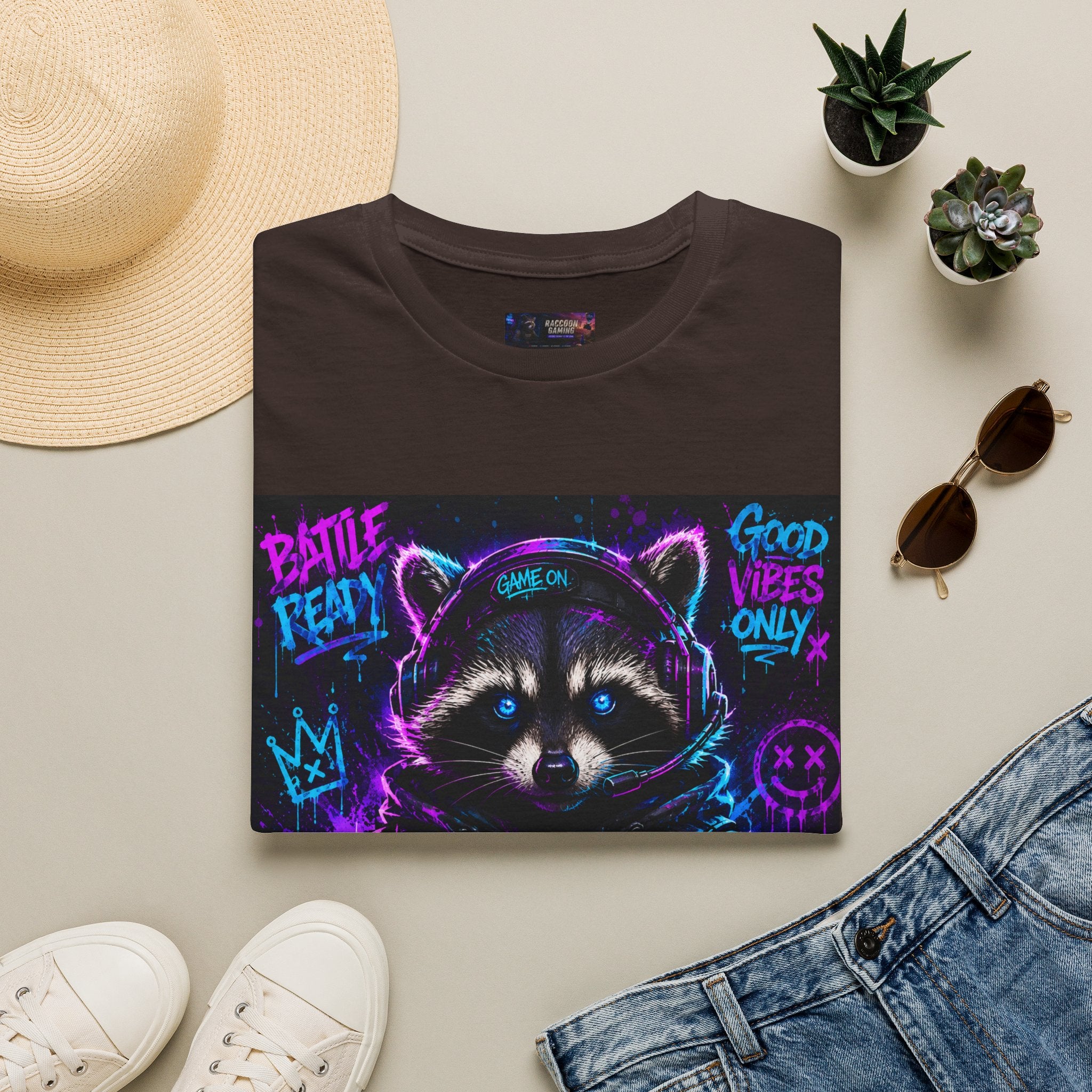 Raccoon Neon Graphic T-Shirt — "Good Vibes Only" Retro Gamer Streetwear