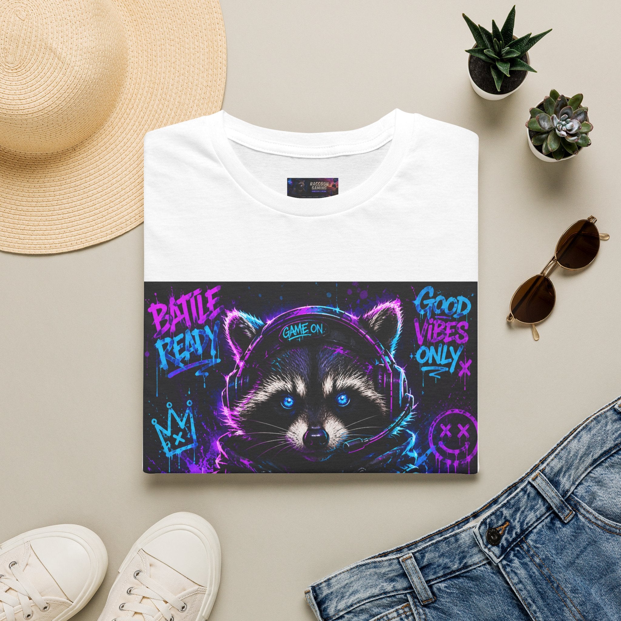 Raccoon Neon Graphic T-Shirt — "Good Vibes Only" Retro Gamer Streetwear