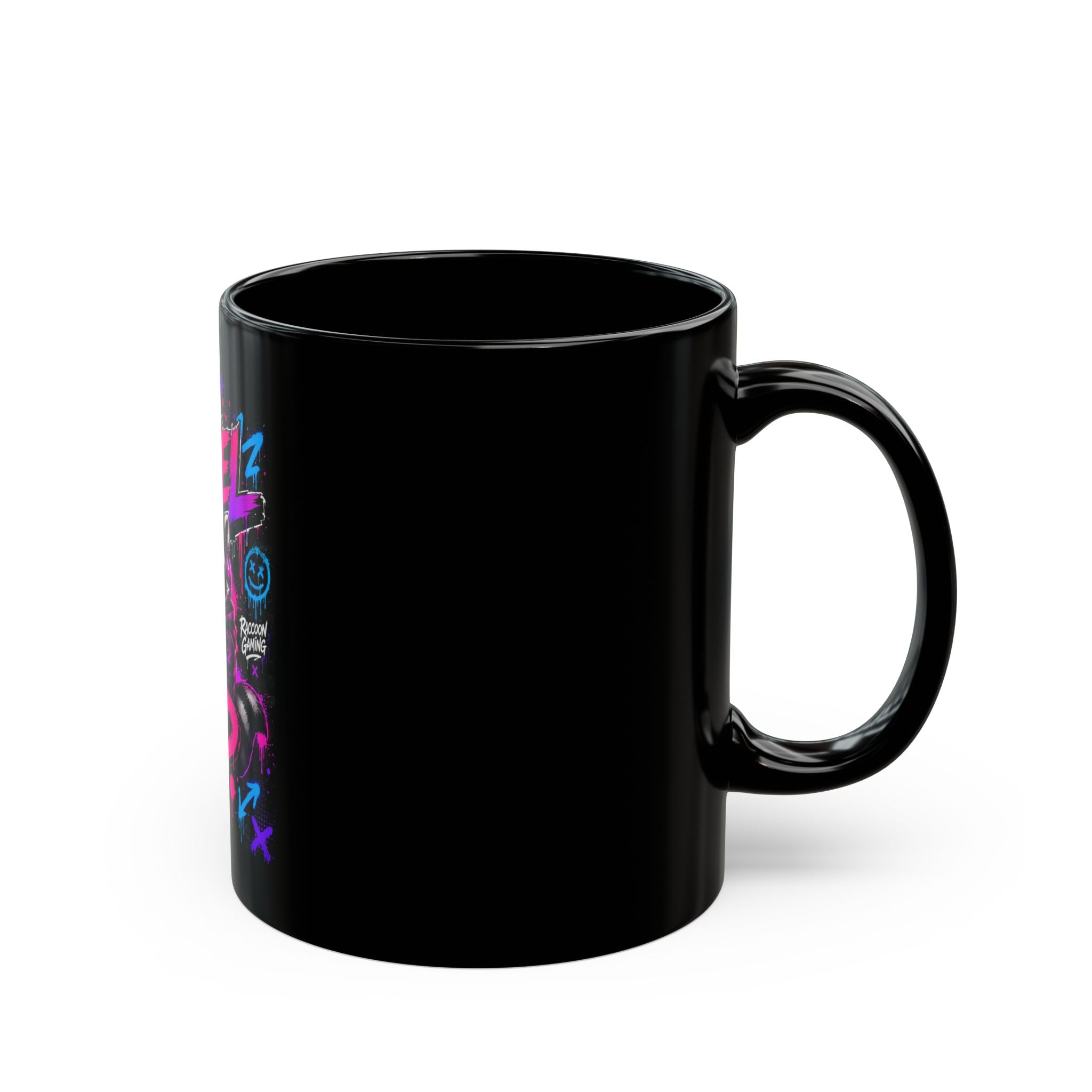 Level Up Gamer Raccoon Black Mug – Neon Retro Gaming Coffee Cup (11oz/15oz)