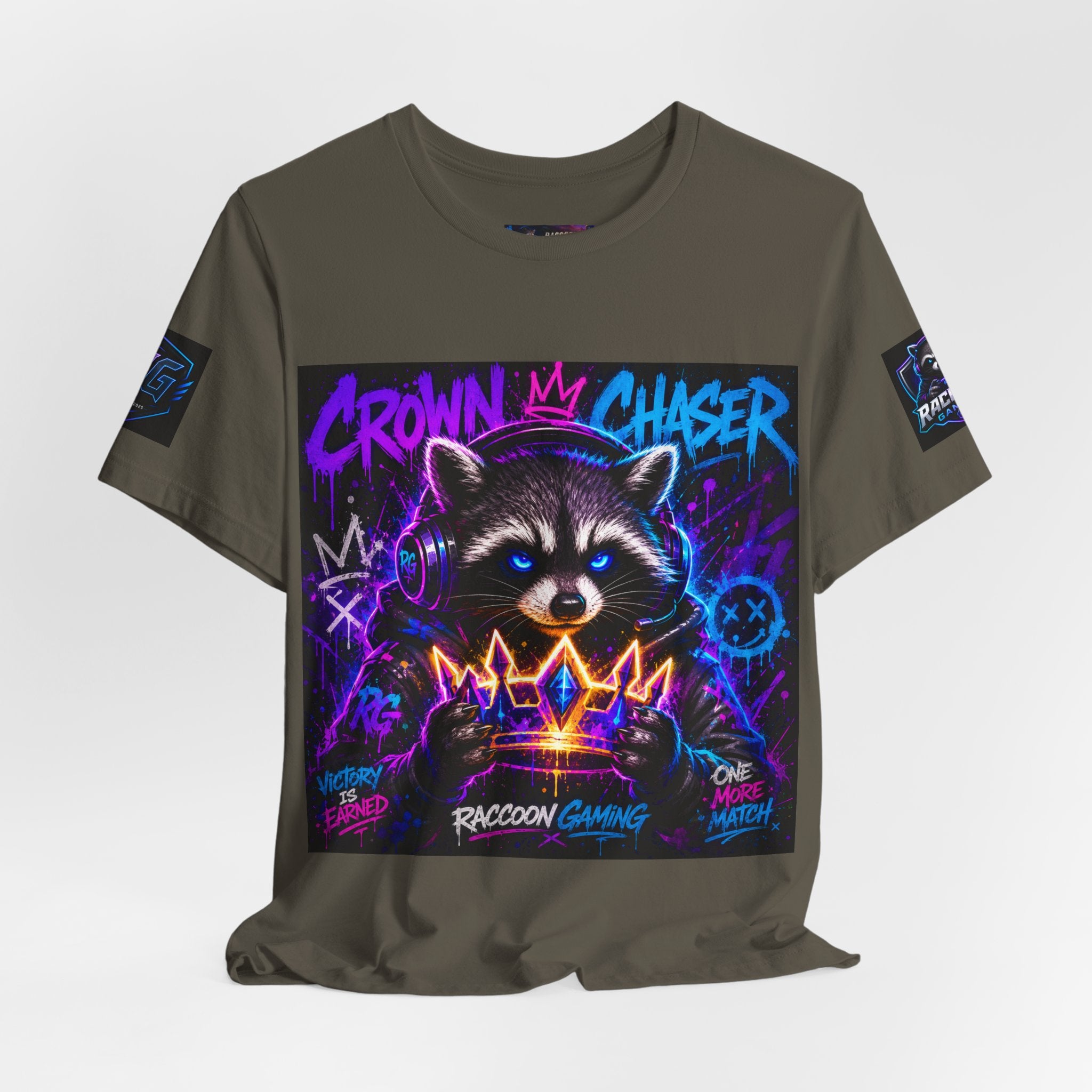 Crown Chaser Raccoon Gaming Tee — "Every Match is Earned" Gamer T-Shirt