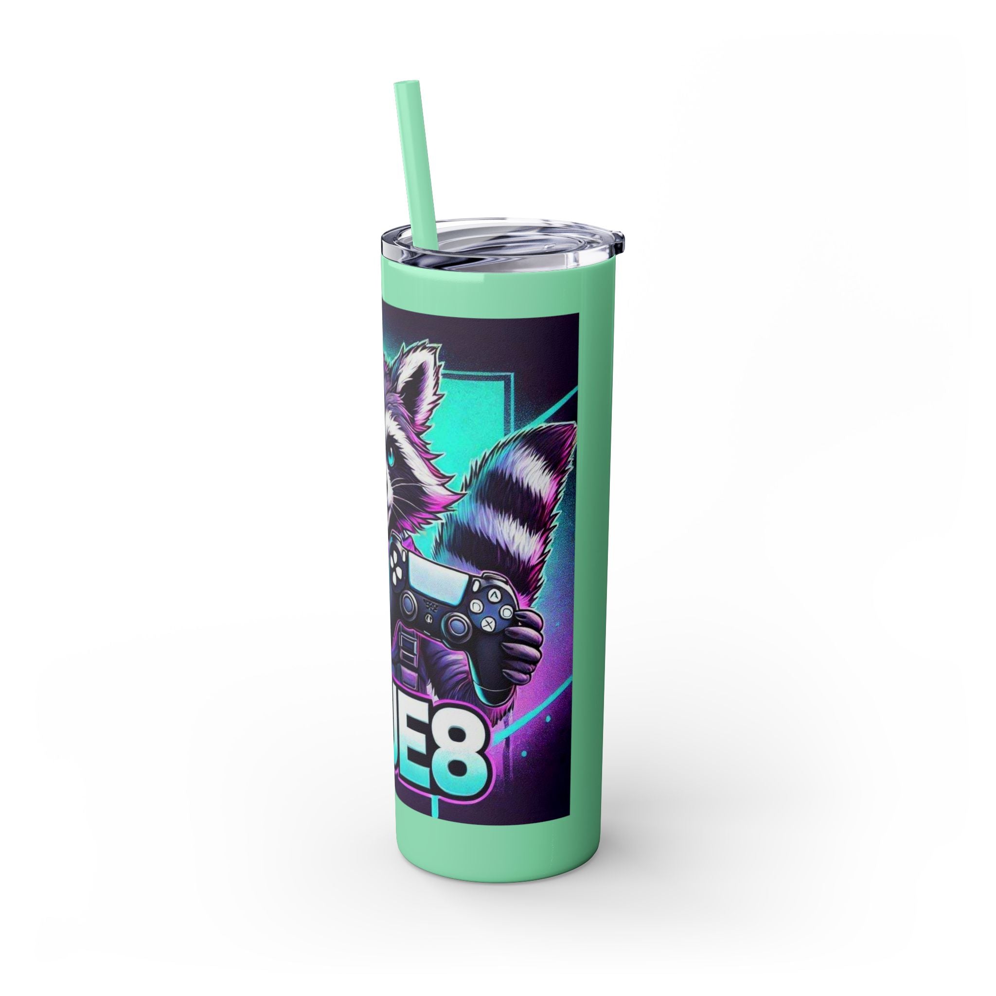20oz Skinny Tumbler – Neon Gamer Raccoon Design with Straw (KSUE8)