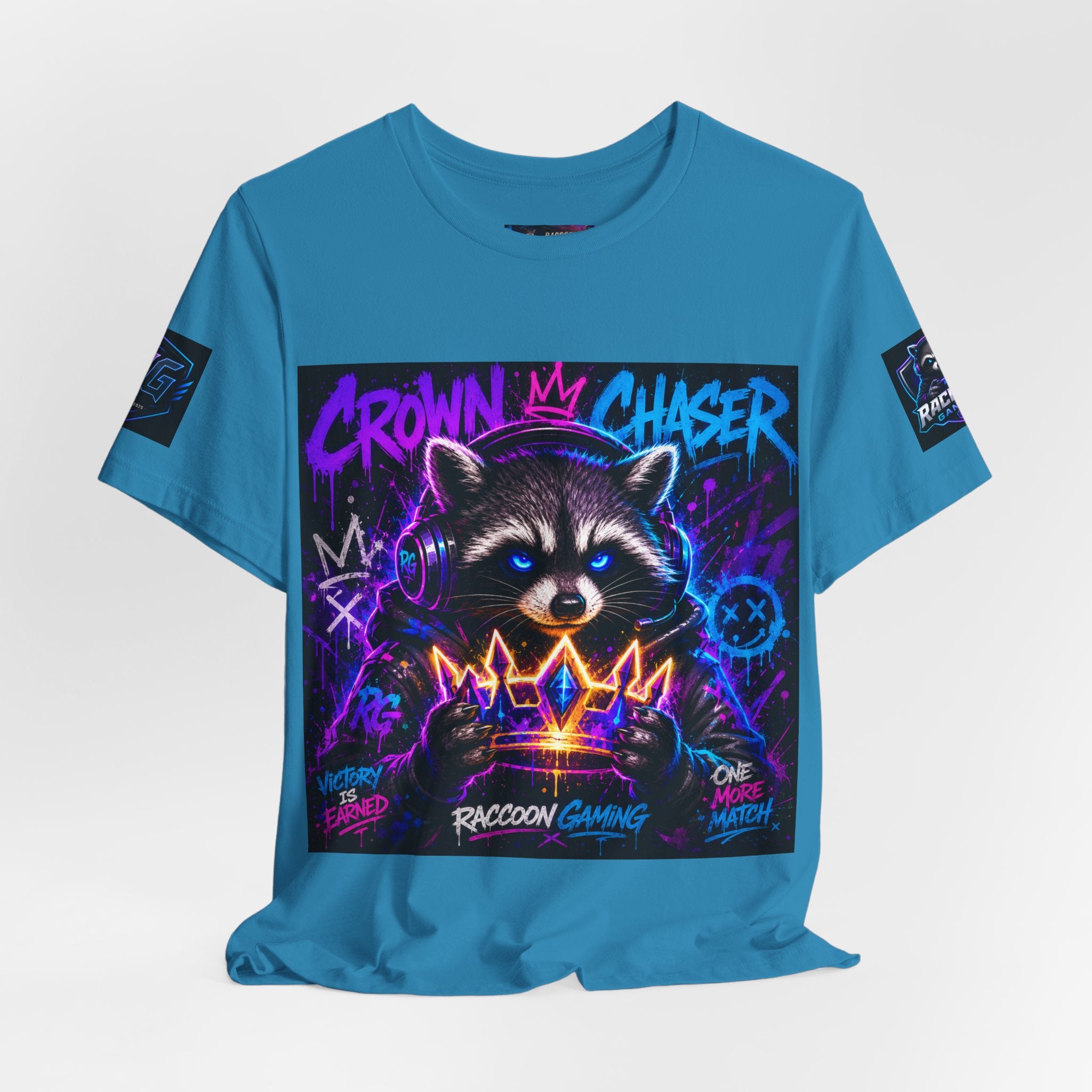 Crown Chaser Raccoon Gaming Tee — "Every Match is Earned" Gamer T-Shirt