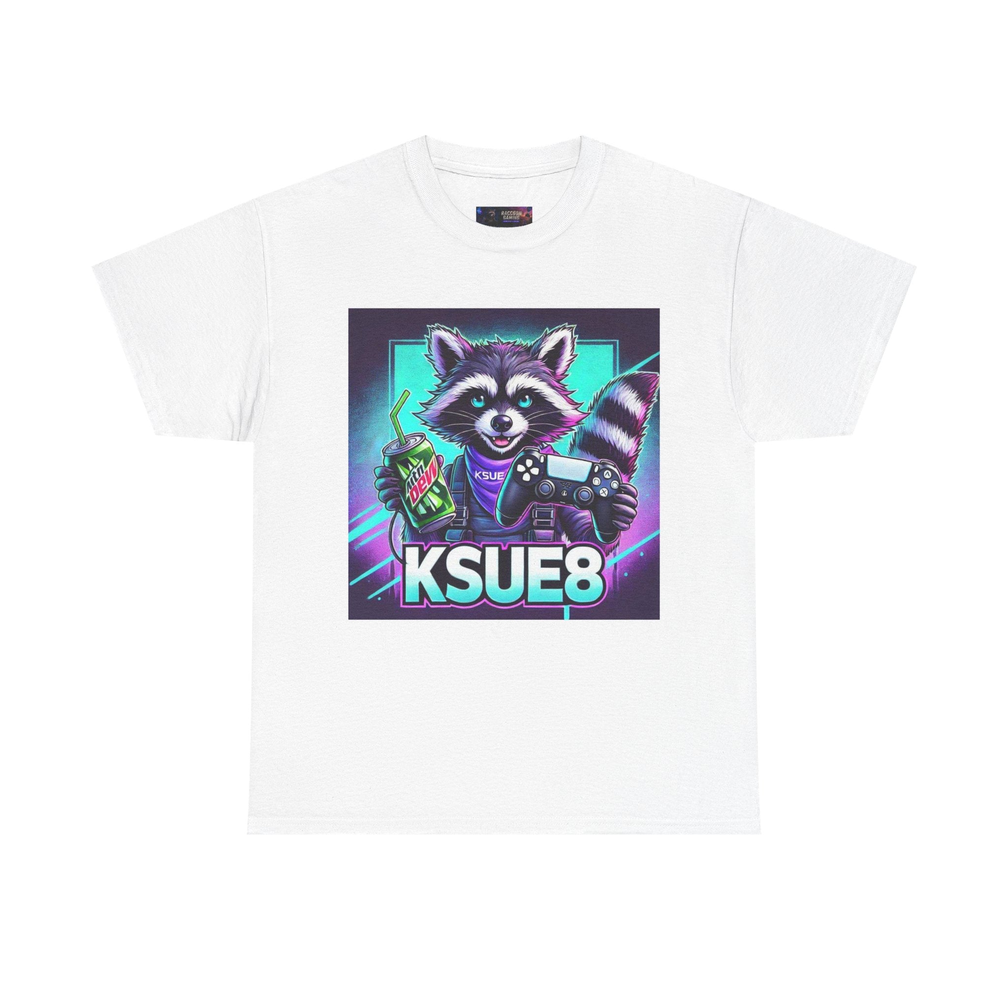 Raccoon Gamer Graphic Tee — 'KSUE8' Neon Retro Gaming T-Shirt