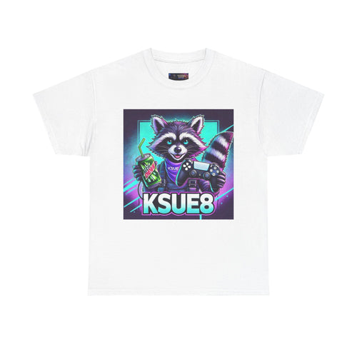 Raccoon Gamer Graphic Tee — 'KSUE8' Neon Retro Gaming T-Shirt
