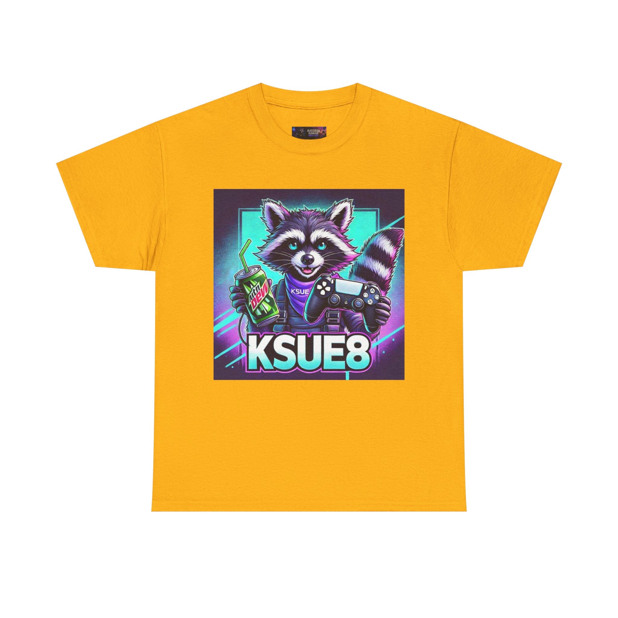 Raccoon Gamer Graphic Tee — 'KSUE8' Neon Retro Gaming T-Shirt