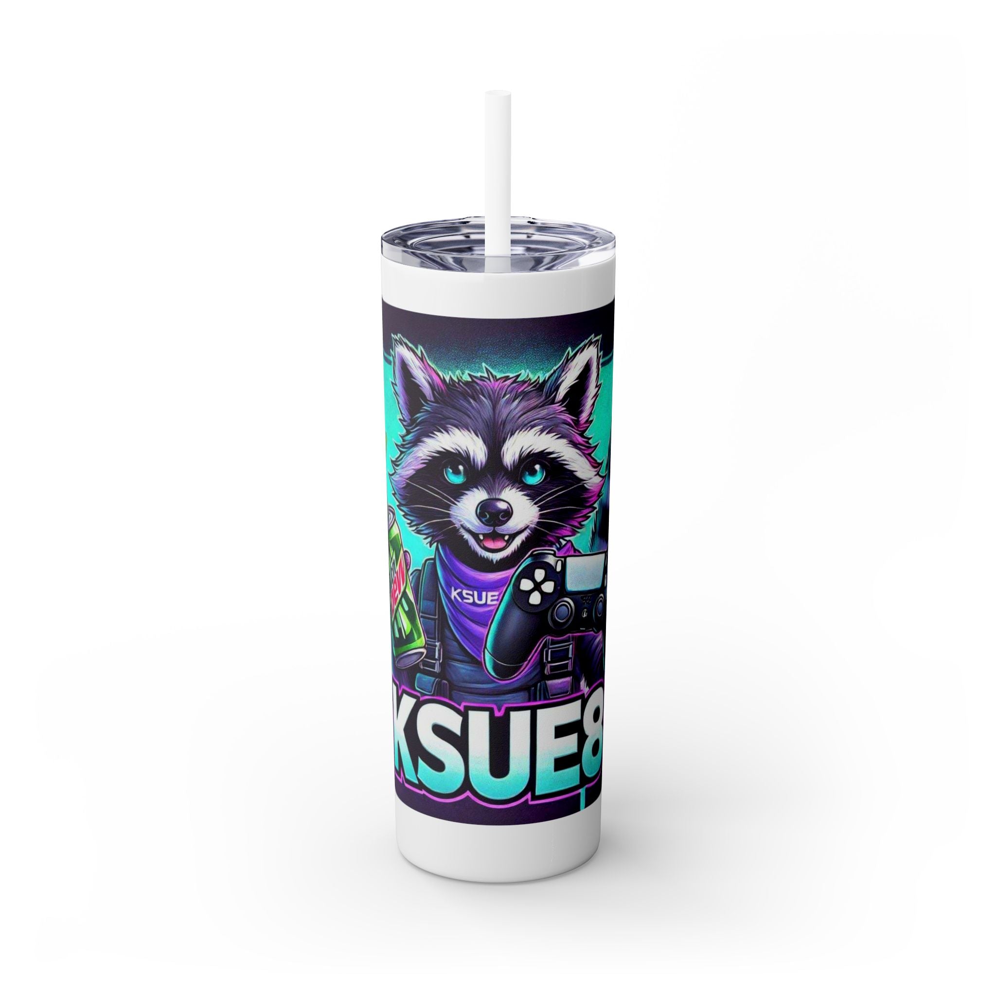 20oz Skinny Tumbler – Neon Gamer Raccoon Design with Straw (KSUE8)