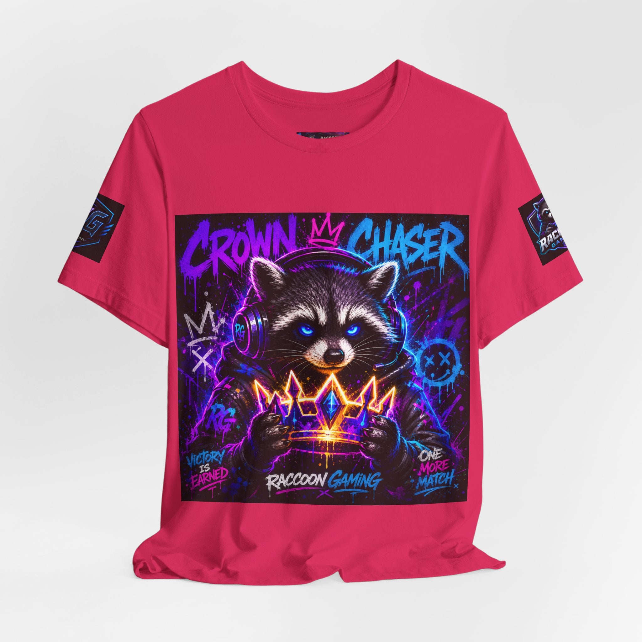 Crown Chaser Raccoon Gaming Tee — "Every Match is Earned" Gamer T-Shirt