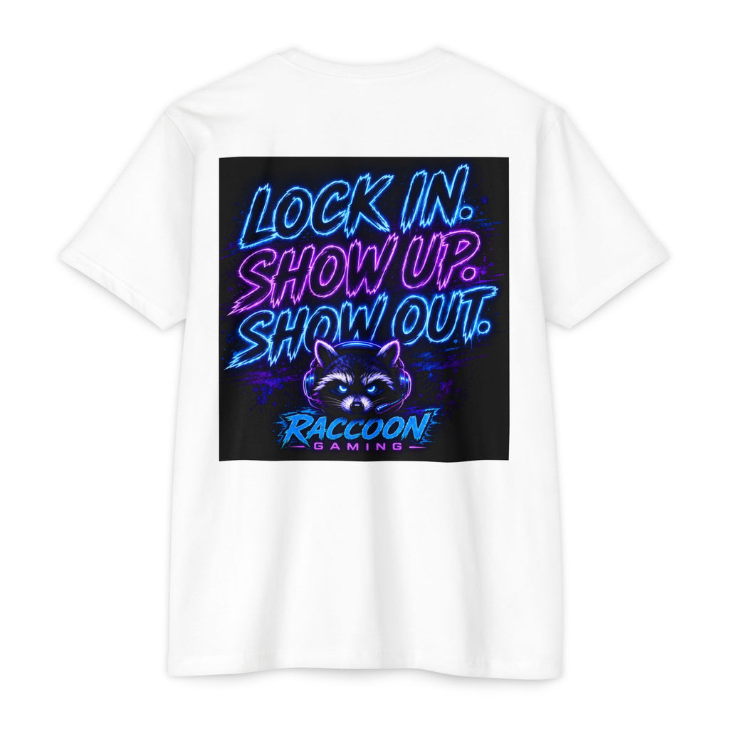 Raccoon Gaming T-Shirt — Neon Headset Mascot & “Lock In. Show Up. Show Out.” Graphic