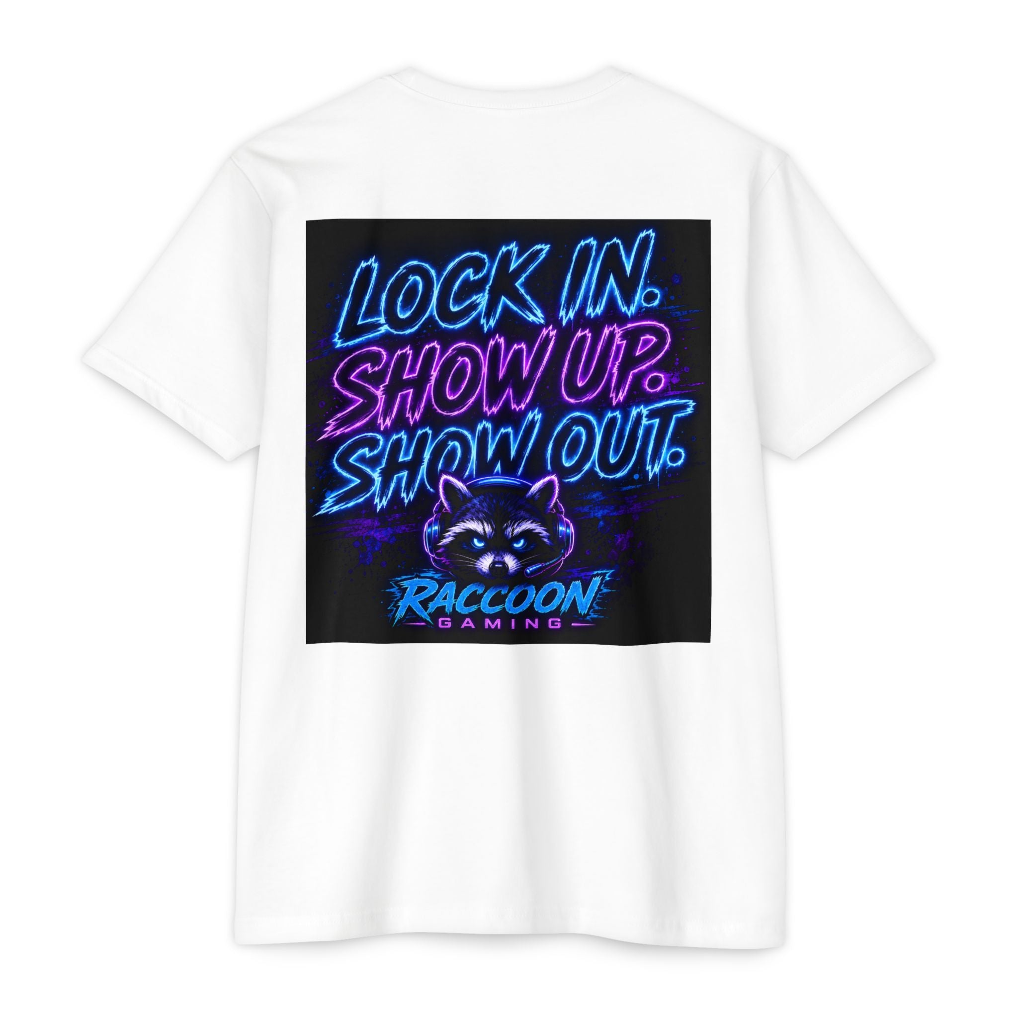 Raccoon Gaming T-Shirt — Neon Headset Mascot & “Lock In. Show Up. Show Out.” Graphic