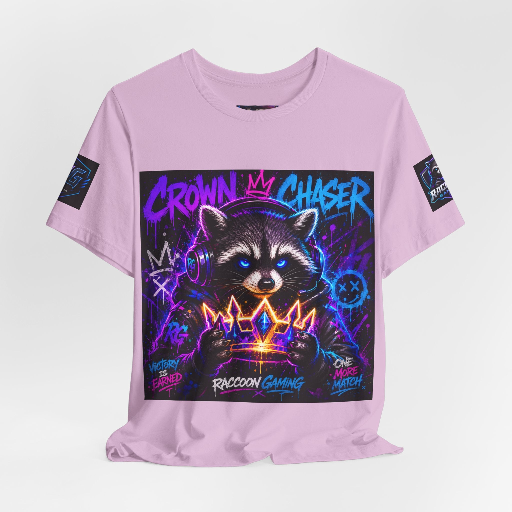 Crown Chaser Raccoon Gaming Tee — "Every Match is Earned" Gamer T-Shirt