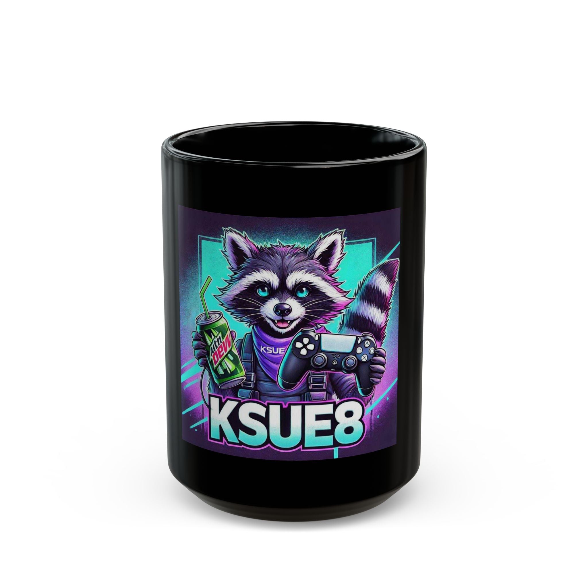 Gamer Raccoon Black Mug — KSUE8 Gaming Controller & Energy Drink Design (11oz/15oz)