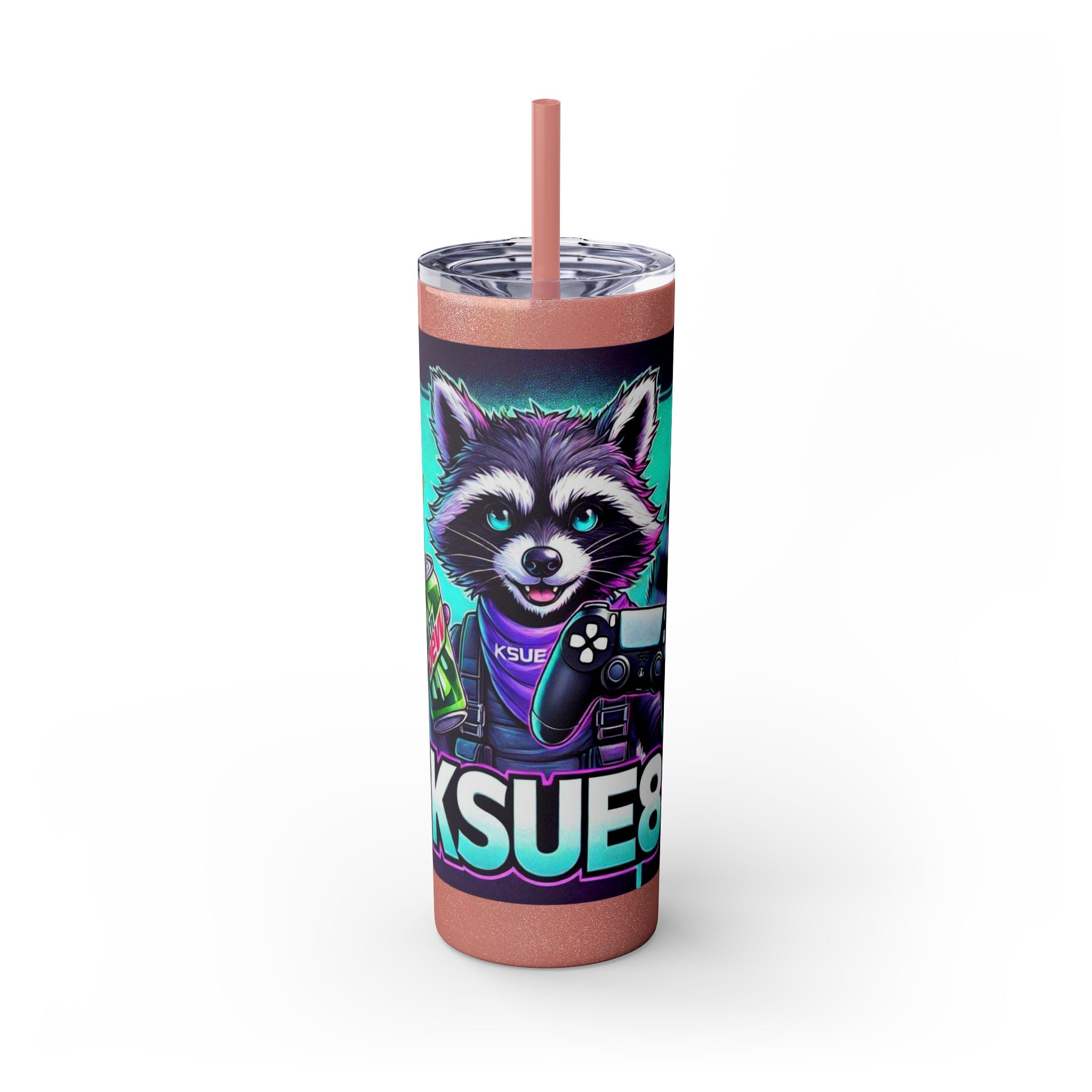 20oz Skinny Tumbler – Neon Gamer Raccoon Design with Straw (KSUE8)