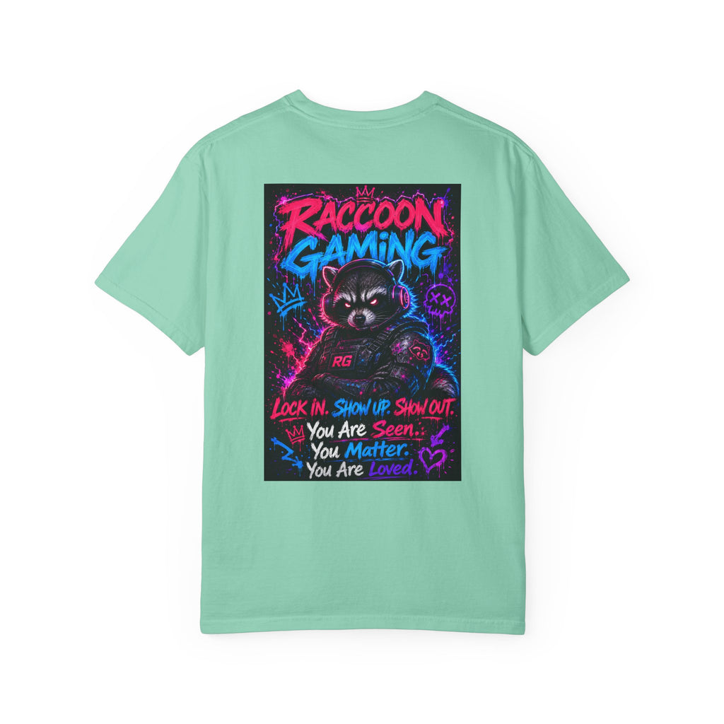 Raccoon Gaming Neon Poster T-Shirt — "Look In, Speak Up, Shine Out" Motivational Tee