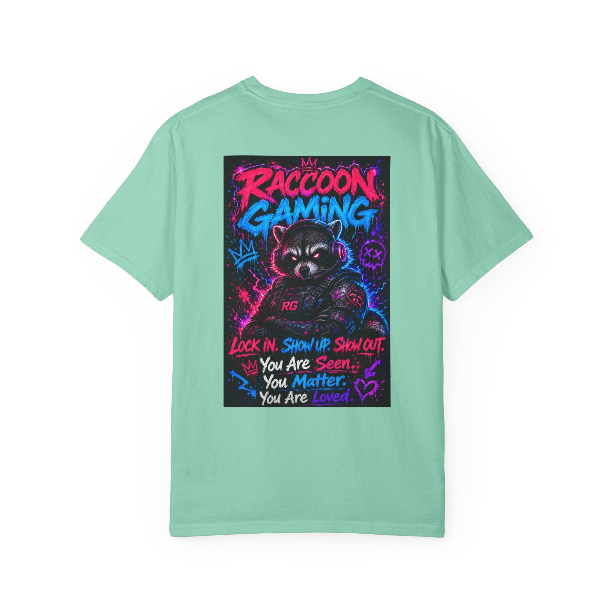 Raccoon Gaming Neon Poster T-Shirt — "Look In, Speak Up, Shine Out" Motivational Tee