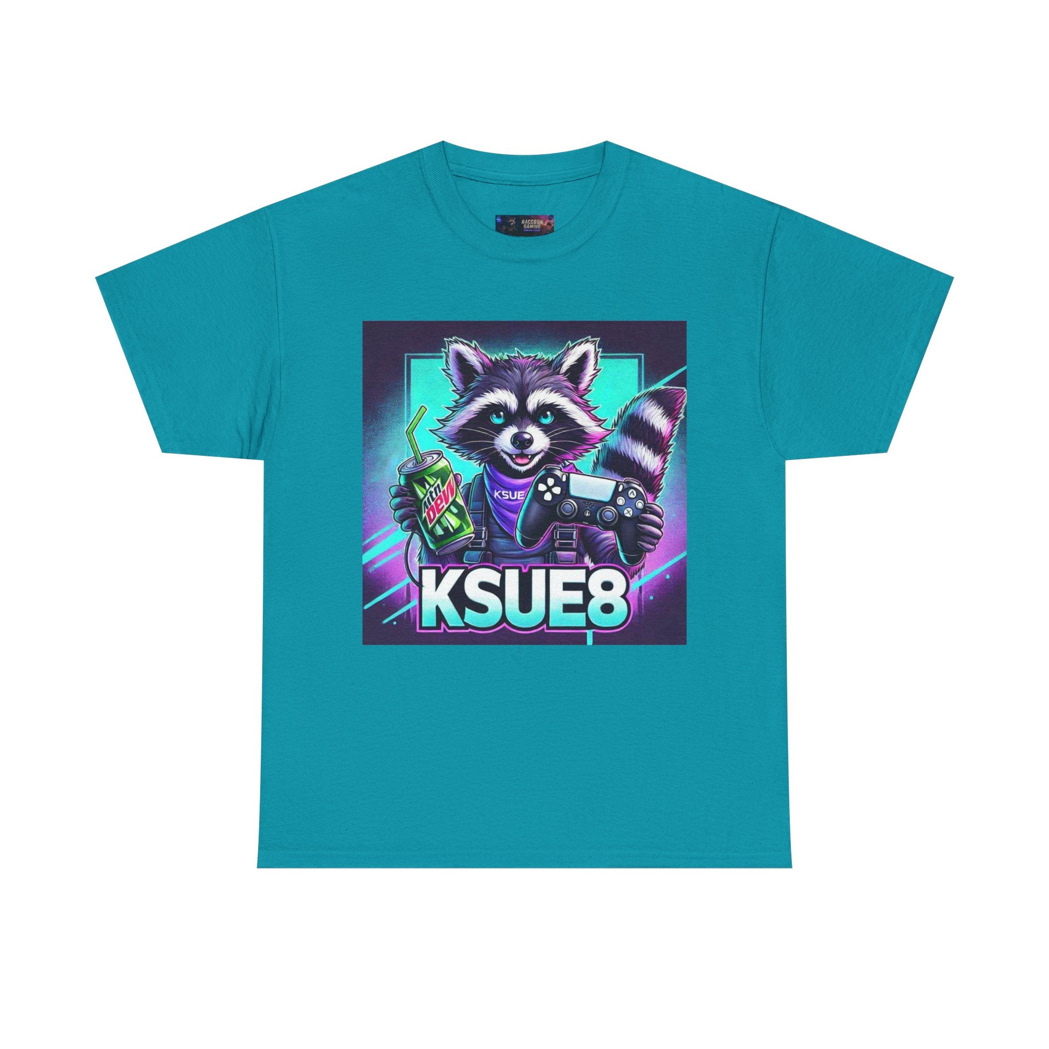 Raccoon Gamer Graphic Tee — 'KSUE8' Neon Retro Gaming T-Shirt