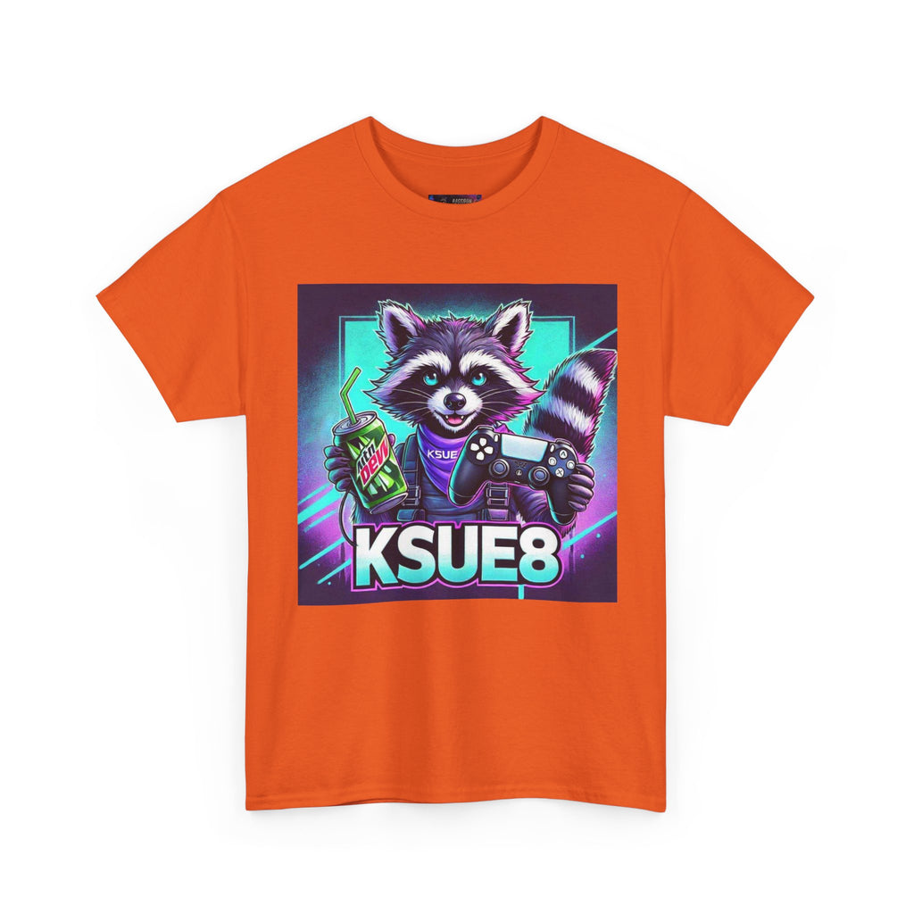 Raccoon Gamer Graphic Tee — 'KSUE8' Neon Retro Gaming T-Shirt