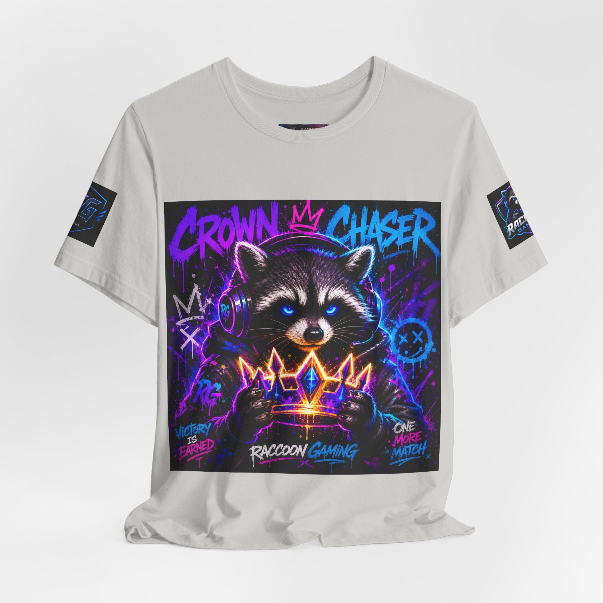 Crown Chaser Raccoon Gaming Tee — "Every Match is Earned" Gamer T-Shirt
