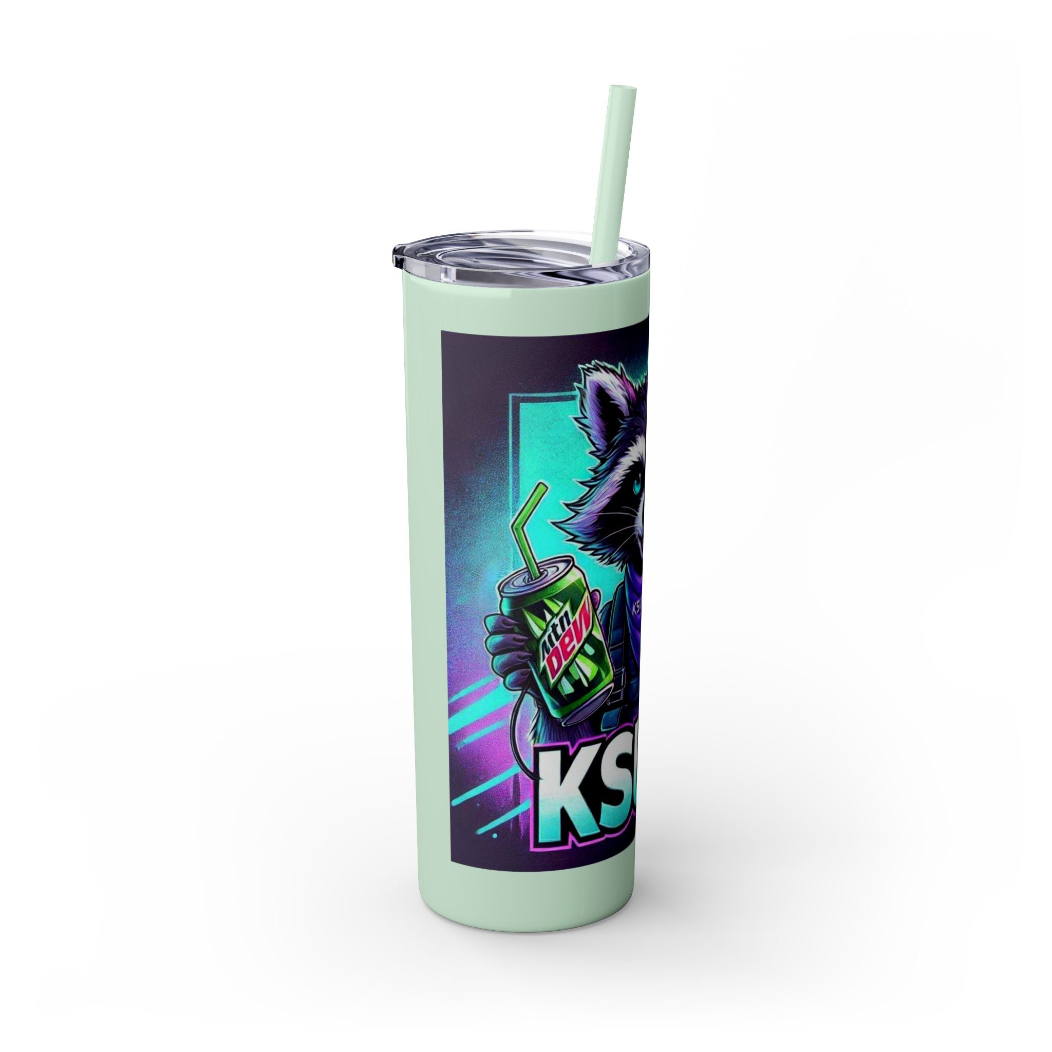 20oz Skinny Tumbler – Neon Gamer Raccoon Design with Straw (KSUE8)