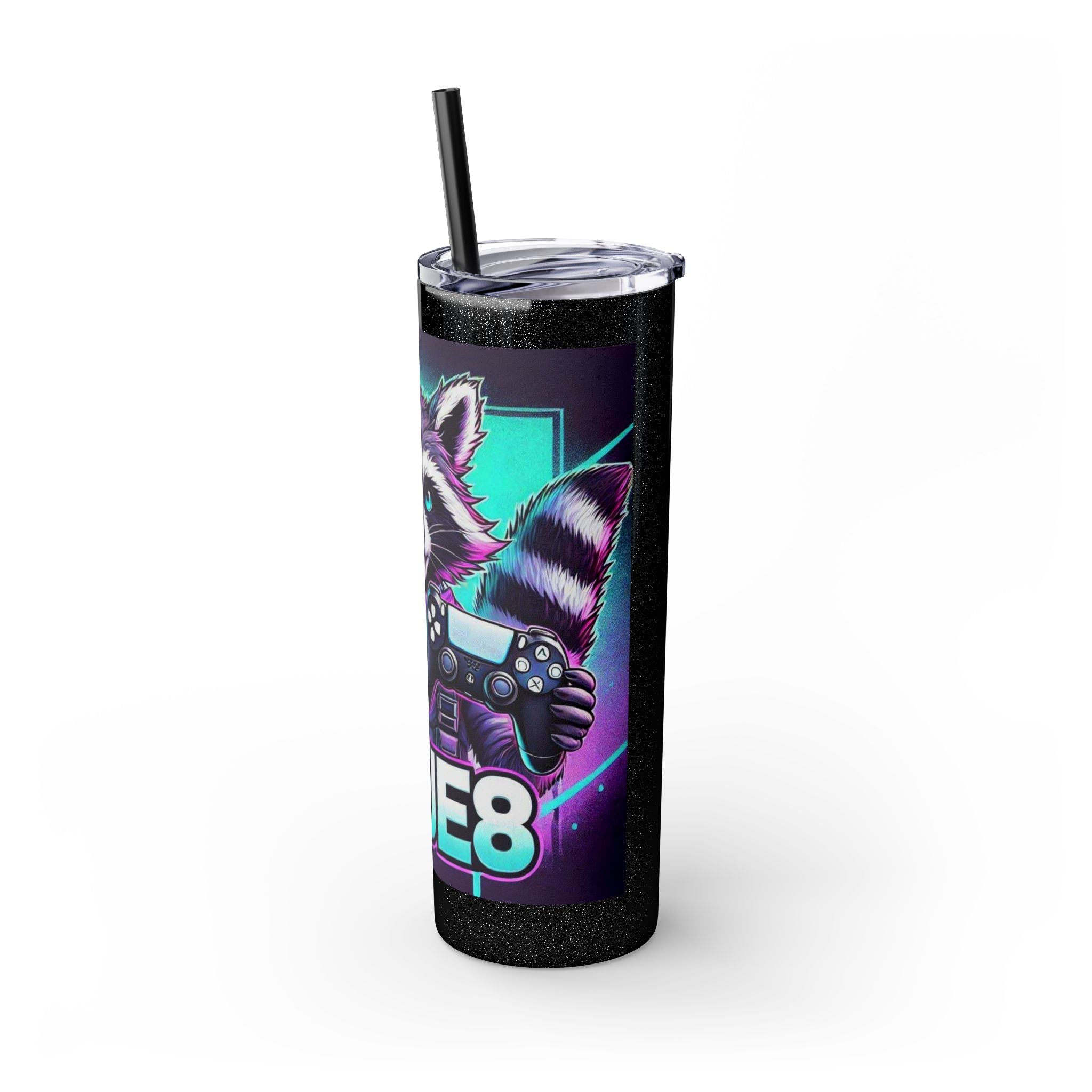 20oz Skinny Tumbler – Neon Gamer Raccoon Design with Straw (KSUE8)