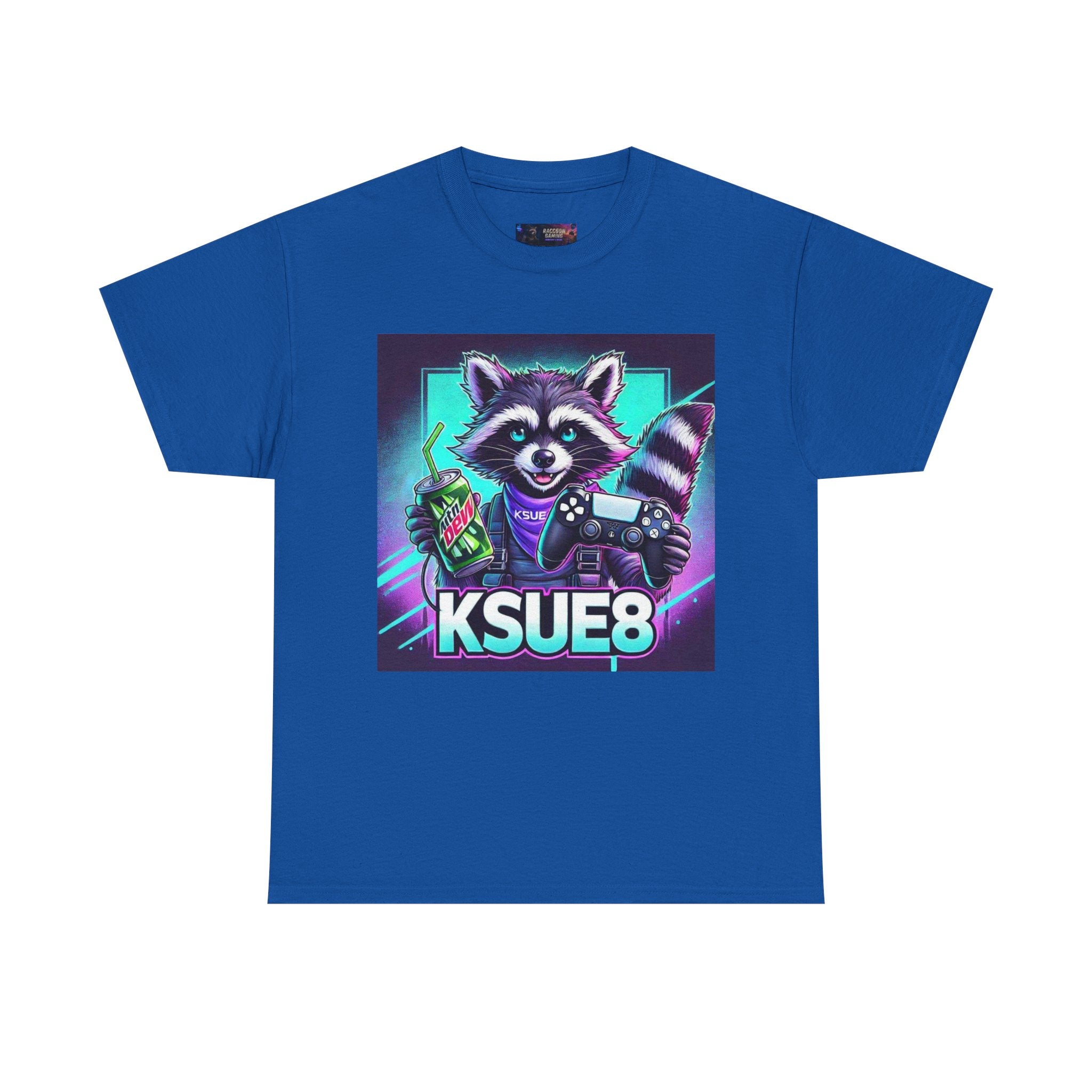 Raccoon Gamer Graphic Tee — 'KSUE8' Neon Retro Gaming T-Shirt