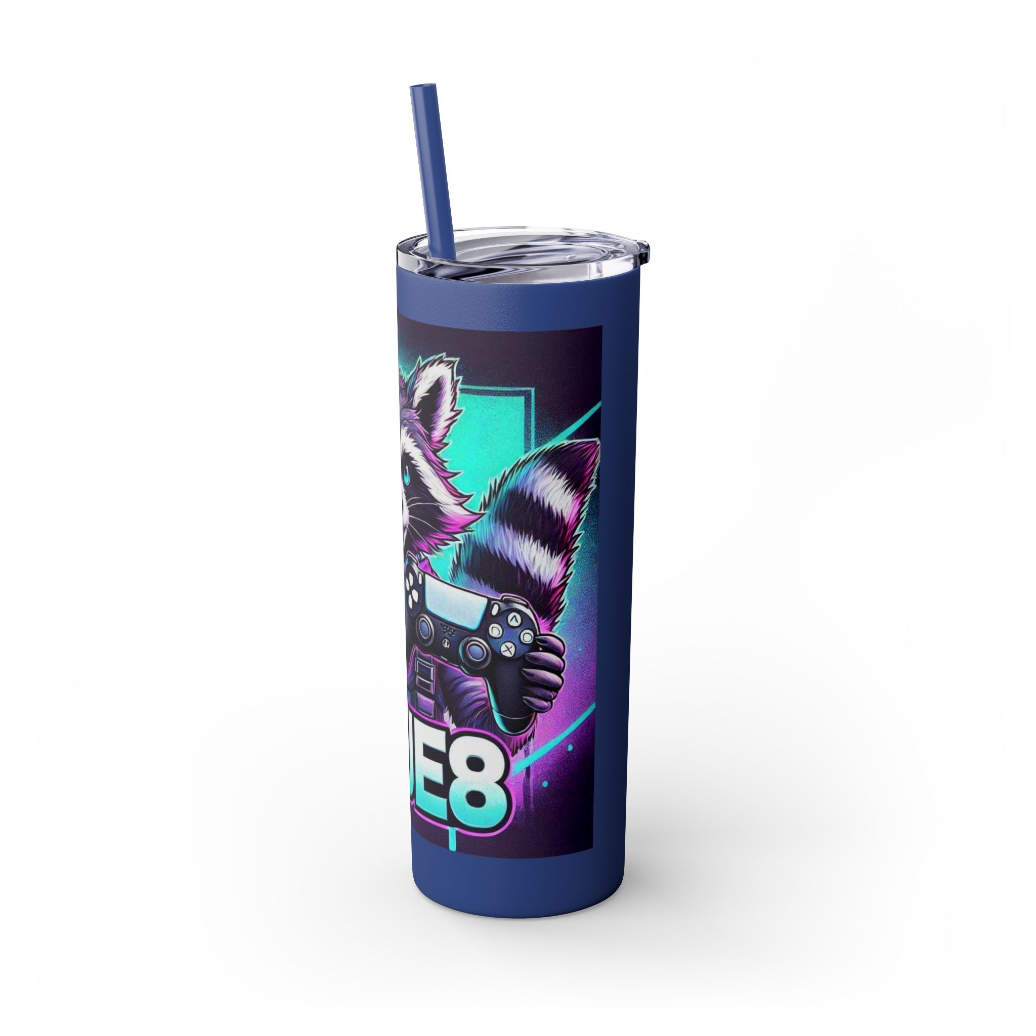 20oz Skinny Tumbler – Neon Gamer Raccoon Design with Straw (KSUE8)