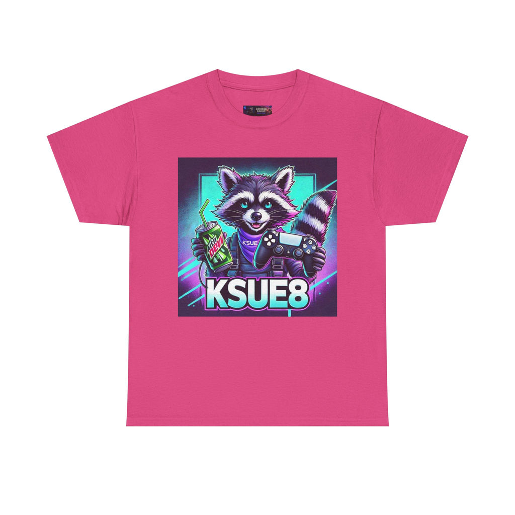 Raccoon Gamer Graphic Tee — 'KSUE8' Neon Retro Gaming T-Shirt