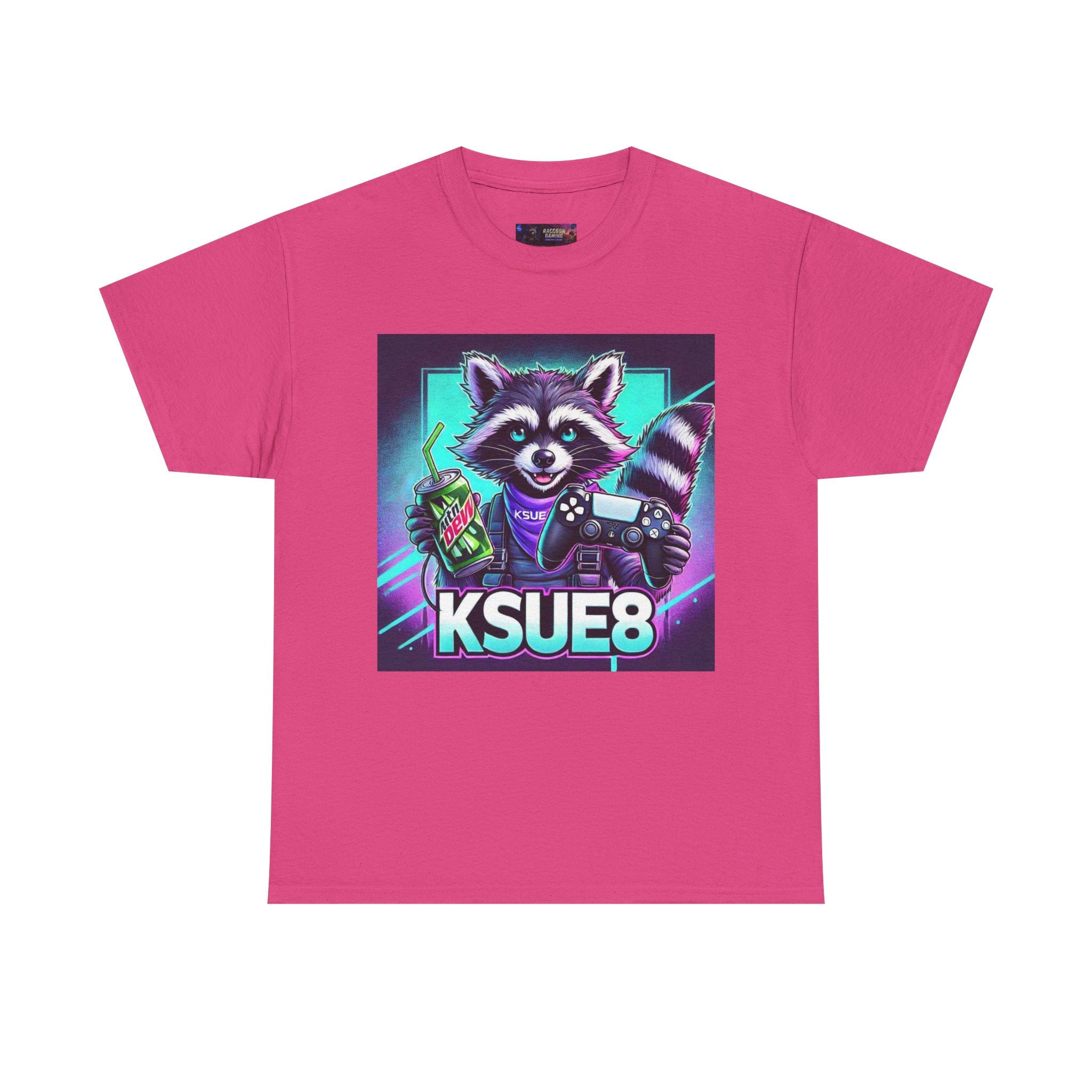 Raccoon Gamer Graphic Tee — 'KSUE8' Neon Retro Gaming T-Shirt