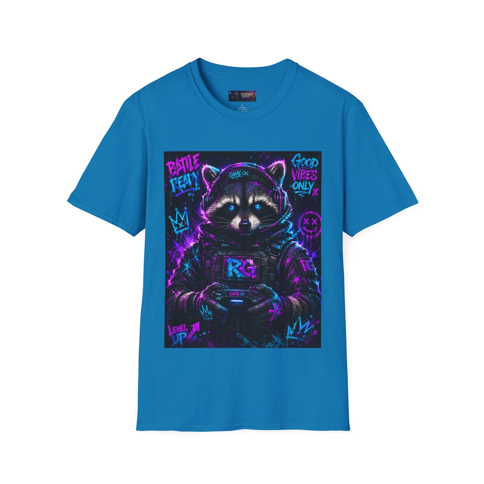 Raccoon Neon Graphic T-Shirt — "Good Vibes Only" Retro Gamer Streetwear