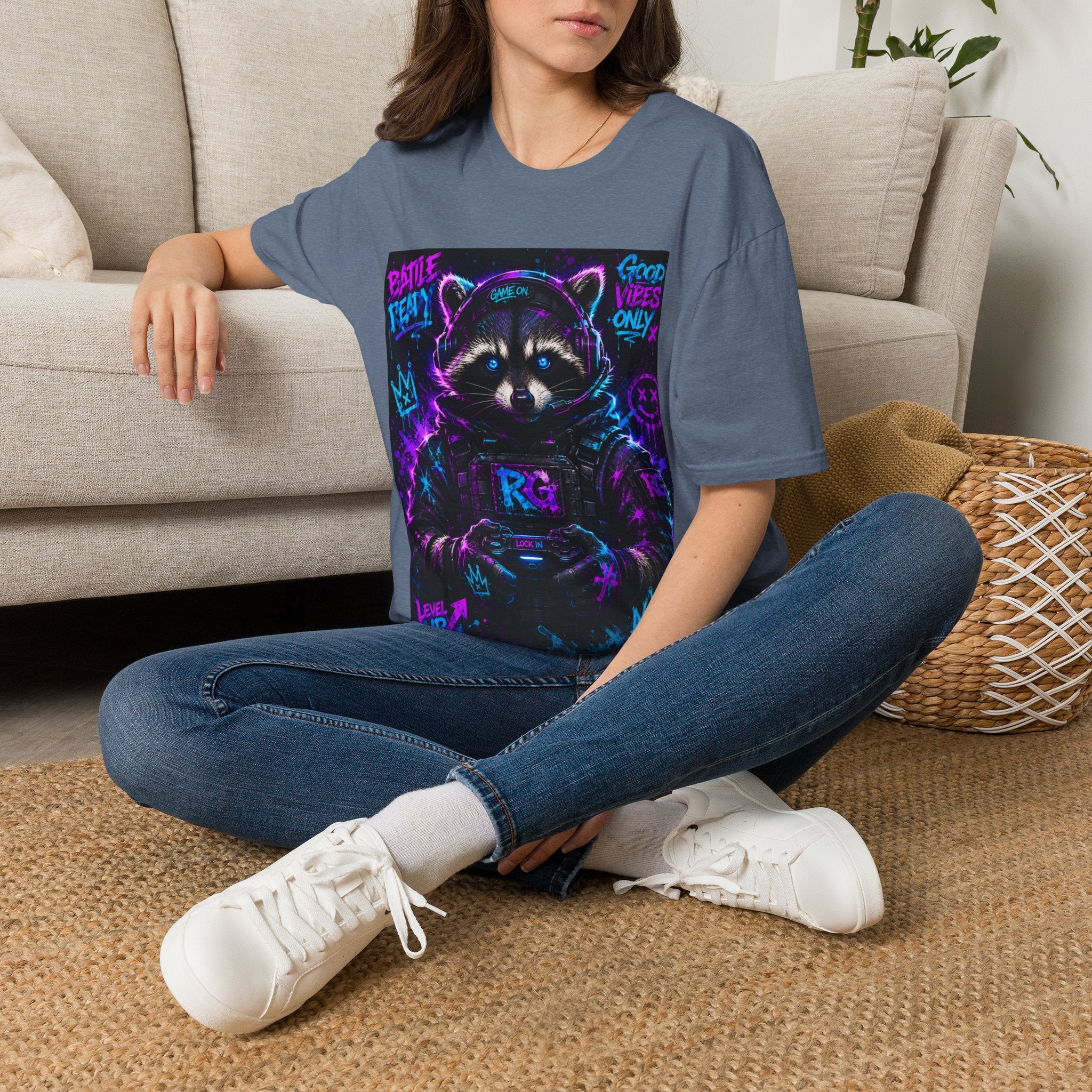 Raccoon Neon Graphic T-Shirt — "Good Vibes Only" Retro Gamer Streetwear