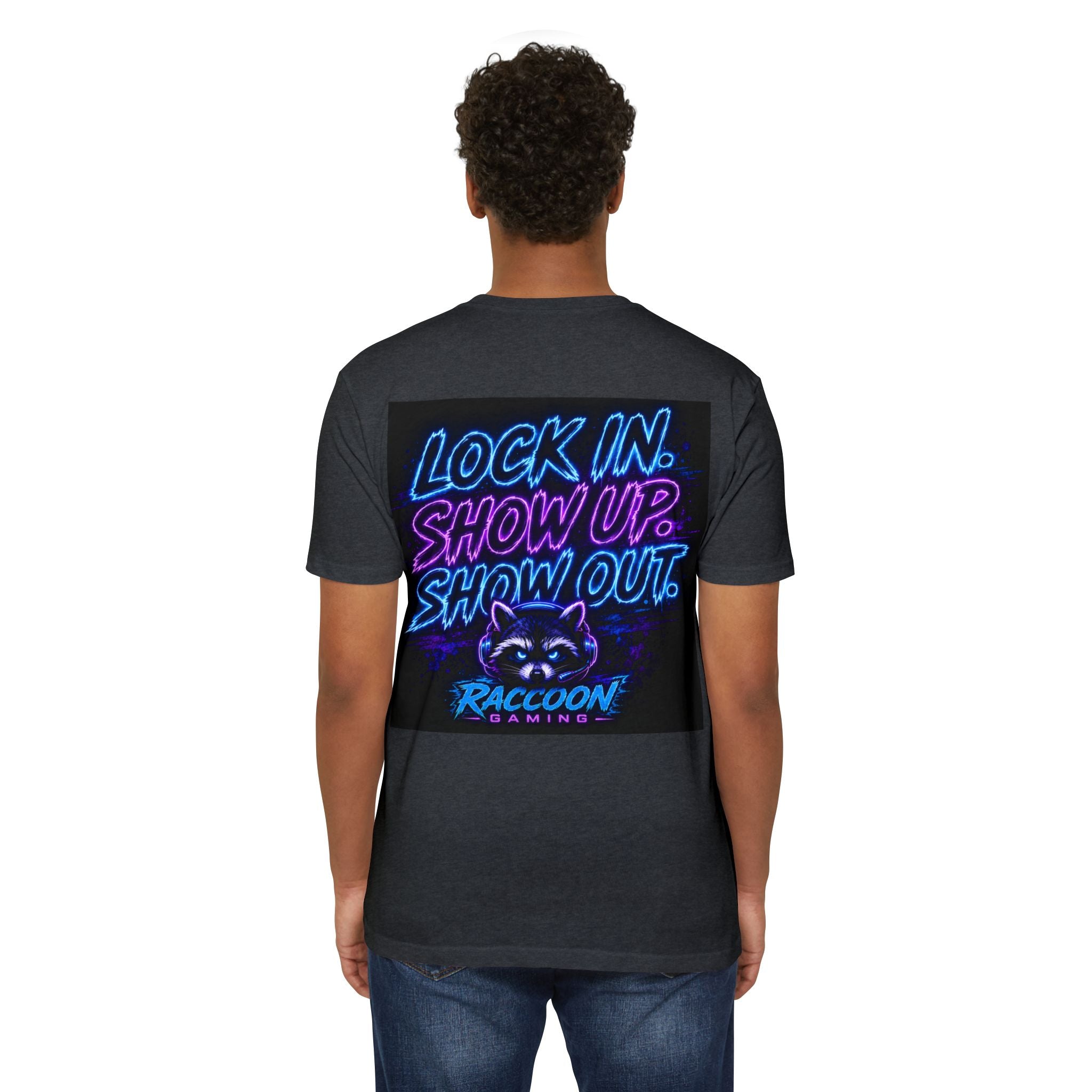 Raccoon Gaming T-Shirt — Neon Headset Mascot & “Lock In. Show Up. Show Out.” Graphic