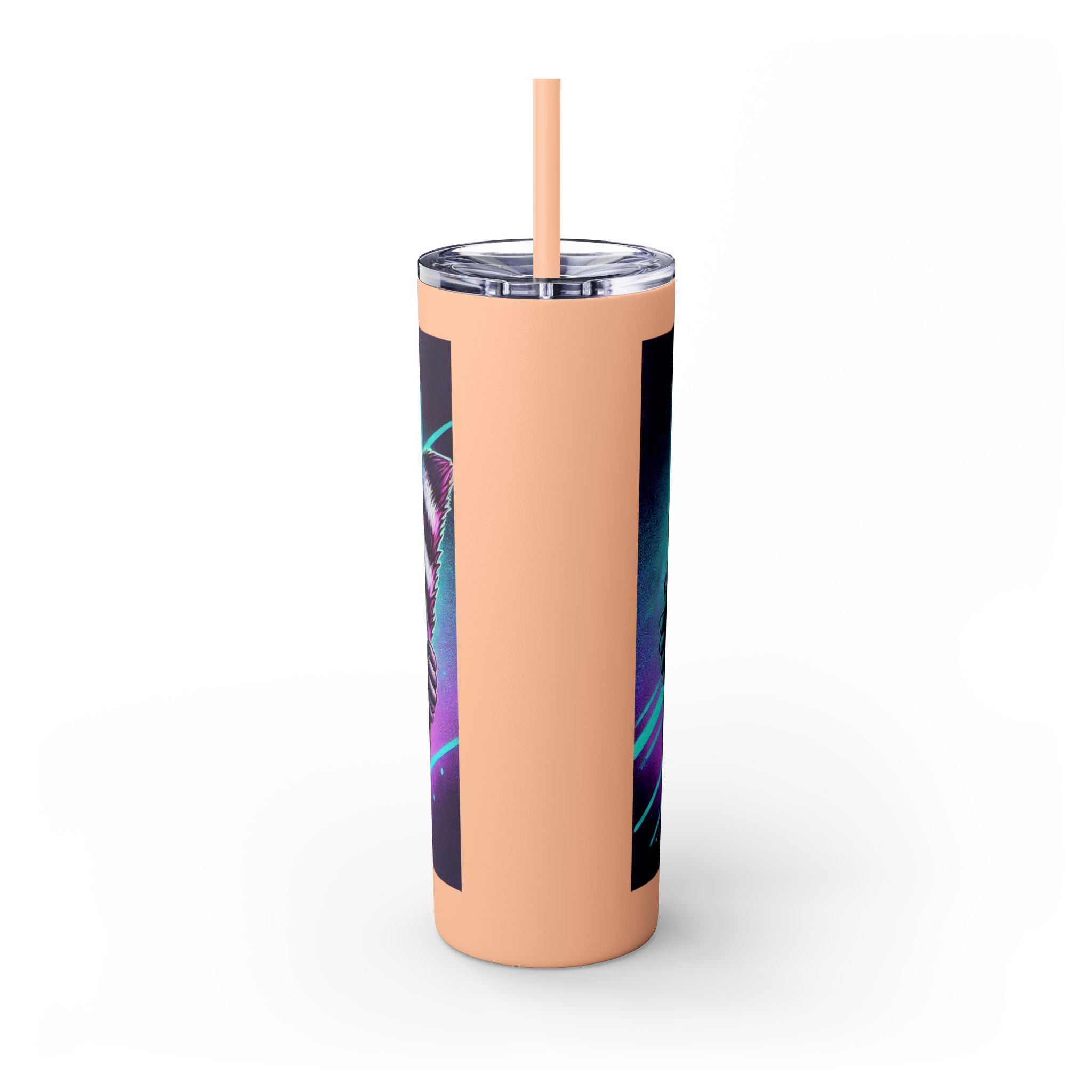 20oz Skinny Tumbler – Neon Gamer Raccoon Design with Straw (KSUE8)