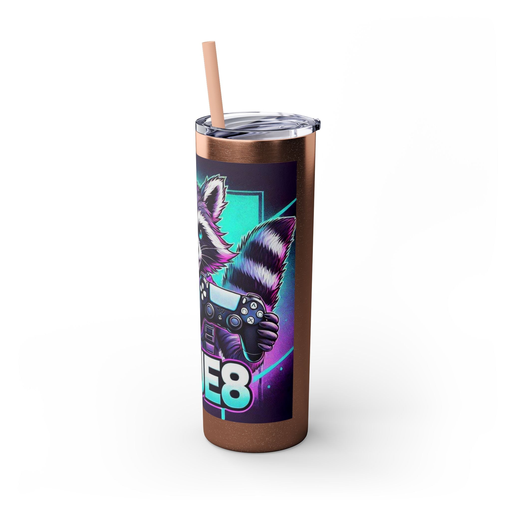 20oz Skinny Tumbler – Neon Gamer Raccoon Design with Straw (KSUE8)