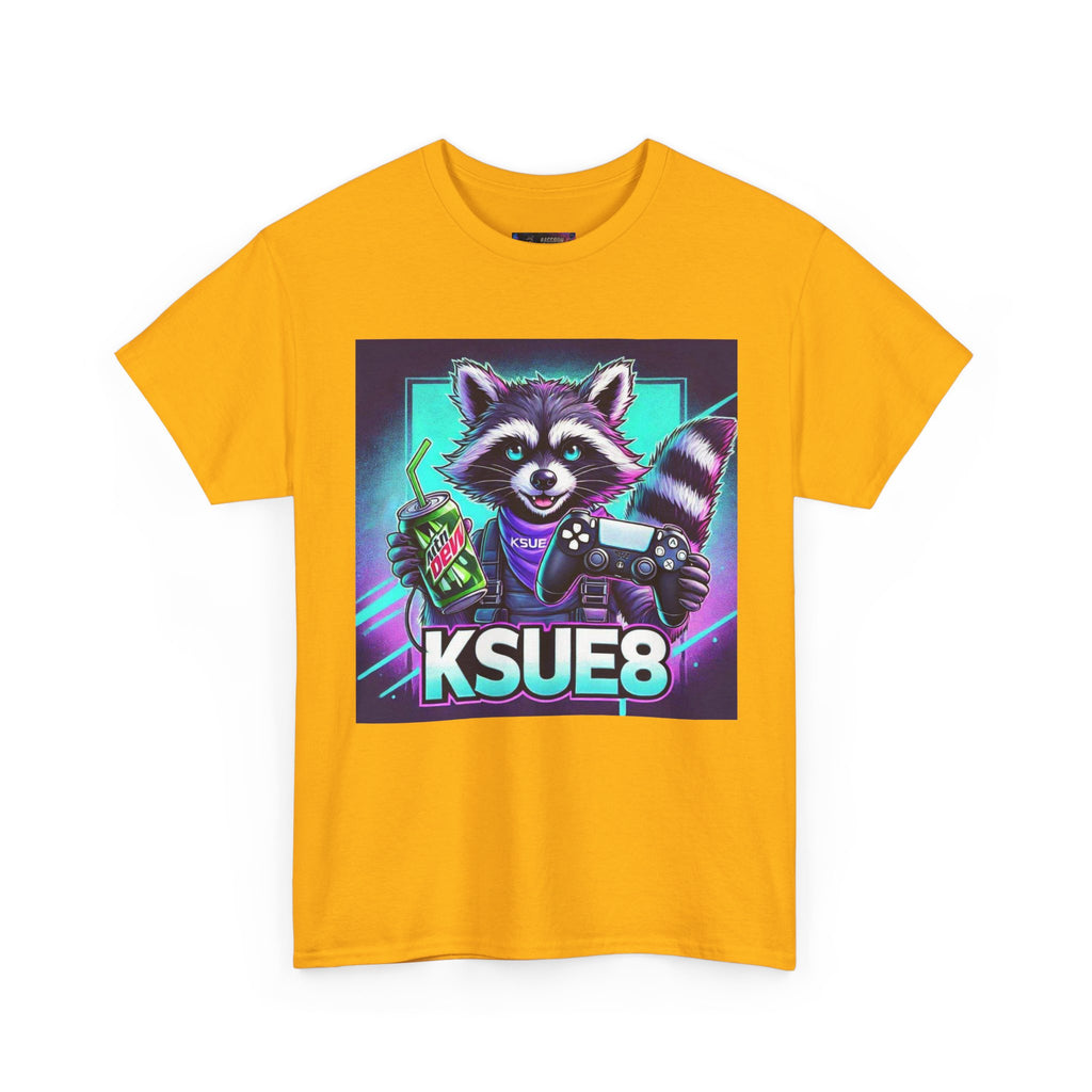 Raccoon Gamer Graphic Tee — 'KSUE8' Neon Retro Gaming T-Shirt