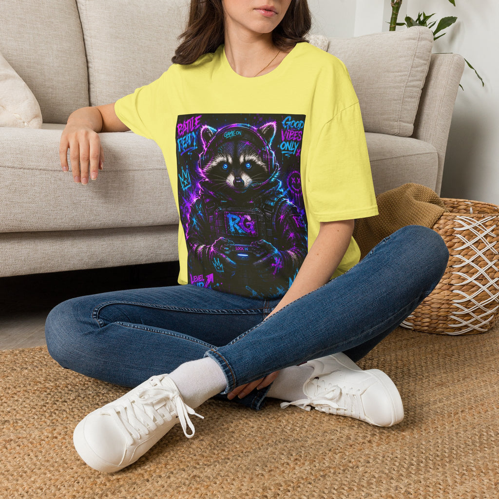 Raccoon Neon Graphic T-Shirt — "Good Vibes Only" Retro Gamer Streetwear