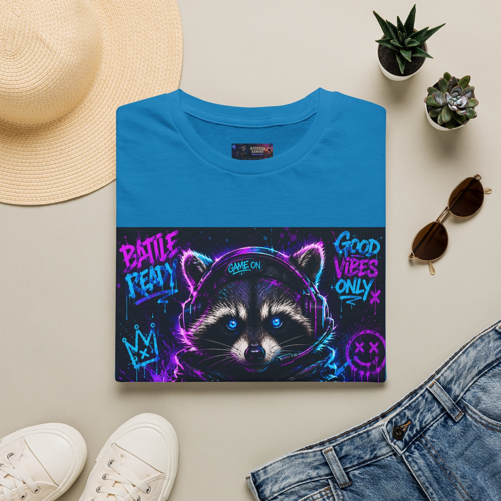 Raccoon Neon Graphic T-Shirt — "Good Vibes Only" Retro Gamer Streetwear