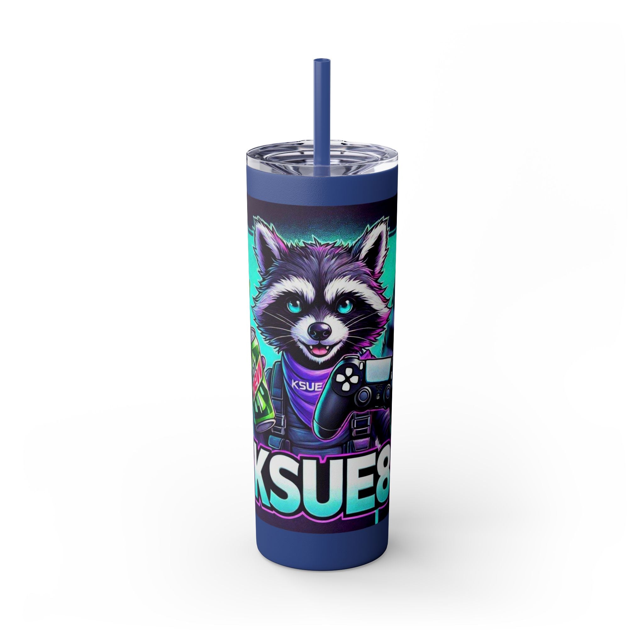 20oz Skinny Tumbler – Neon Gamer Raccoon Design with Straw (KSUE8)