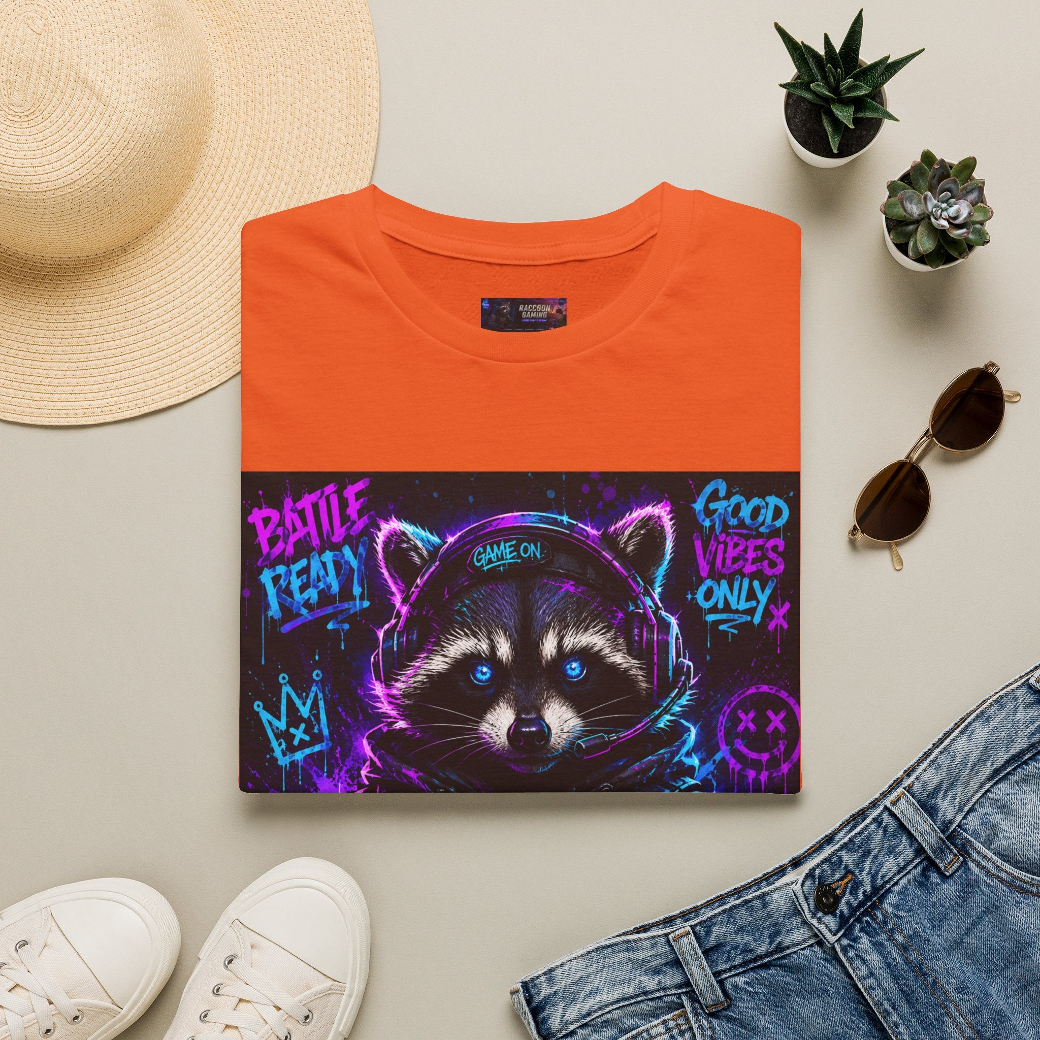 Raccoon Neon Graphic T-Shirt — "Good Vibes Only" Retro Gamer Streetwear
