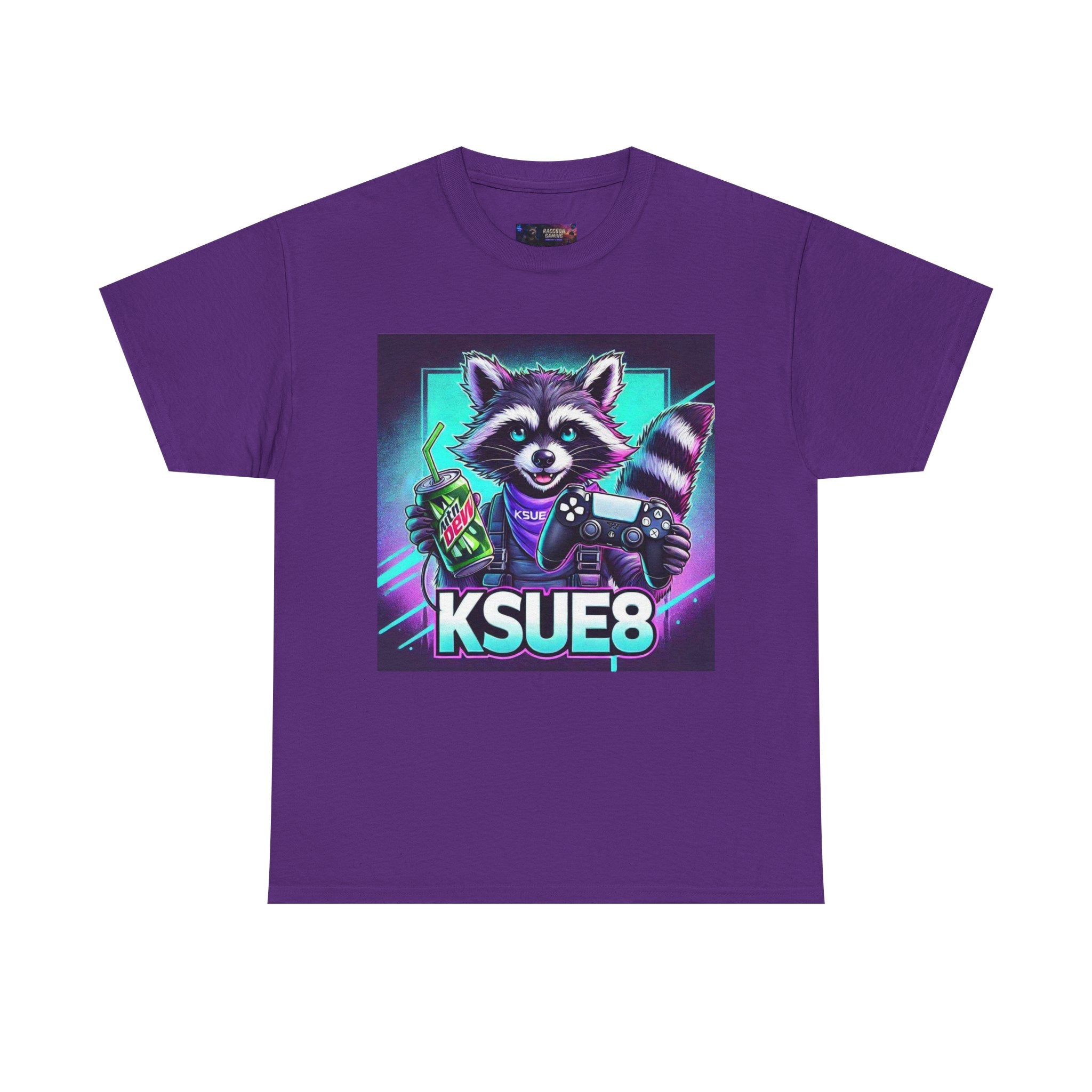 Raccoon Gamer Graphic Tee — 'KSUE8' Neon Retro Gaming T-Shirt
