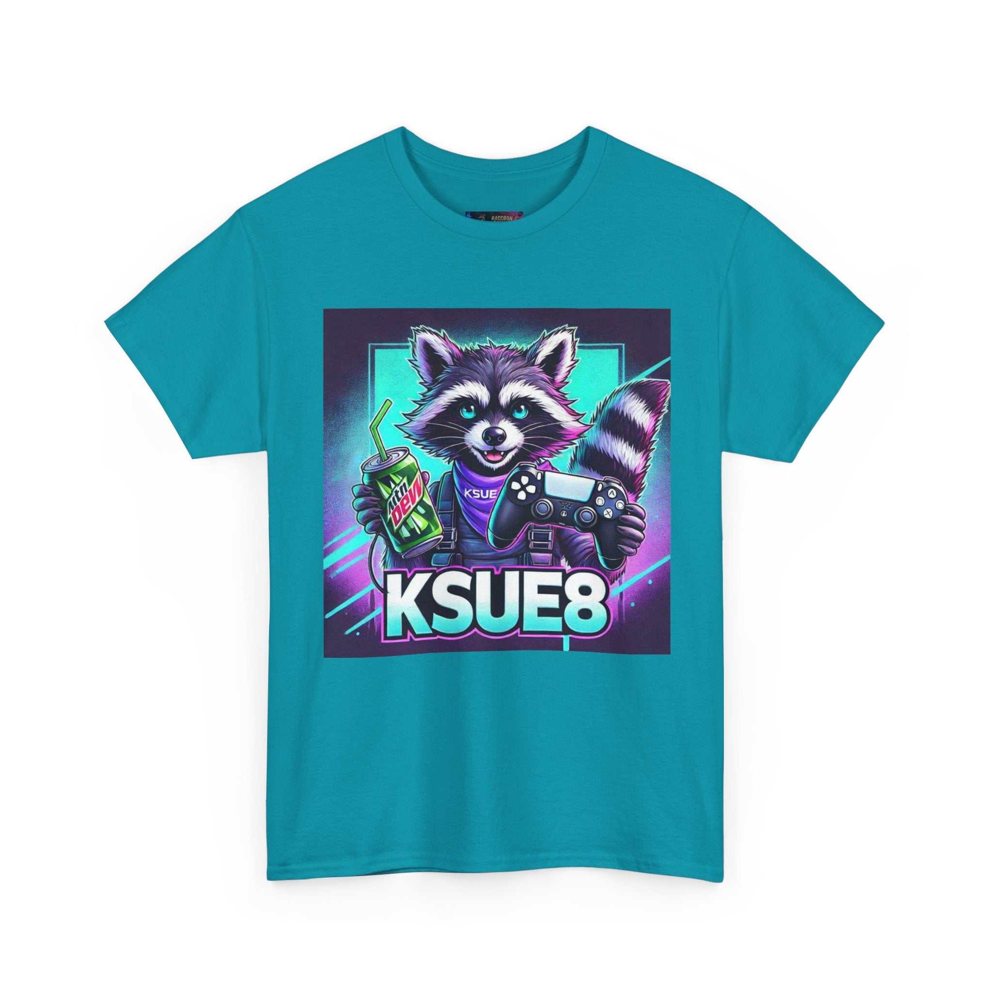 Raccoon Gamer Graphic Tee — 'KSUE8' Neon Retro Gaming T-Shirt