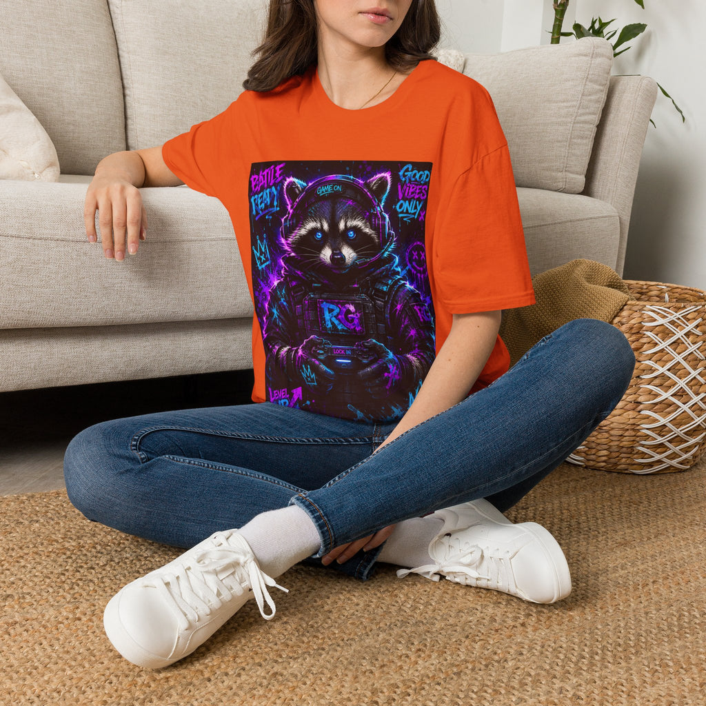Raccoon Neon Graphic T-Shirt — "Good Vibes Only" Retro Gamer Streetwear