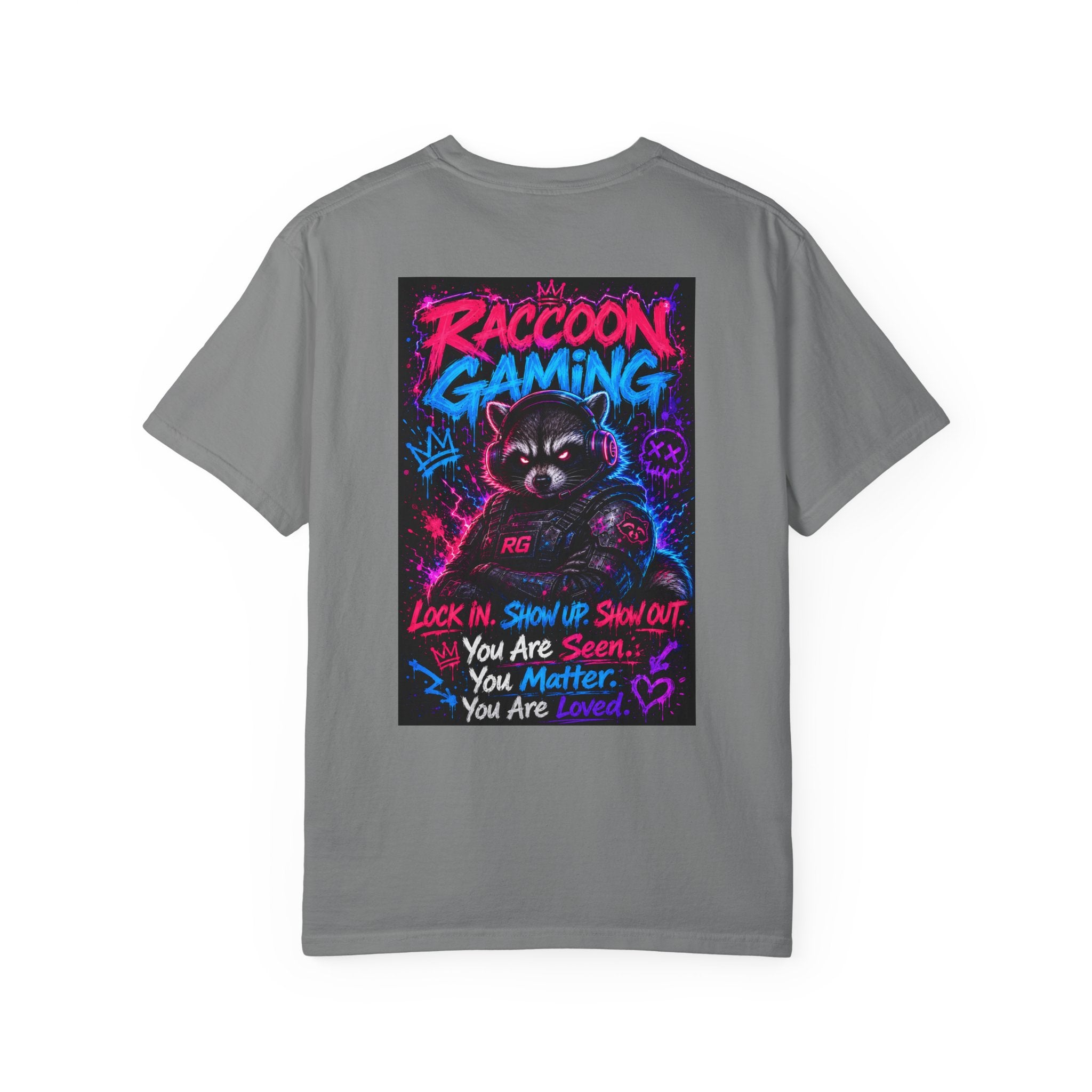 Raccoon Gaming Neon Poster T-Shirt — "Look In, Speak Up, Shine Out" Motivational Tee