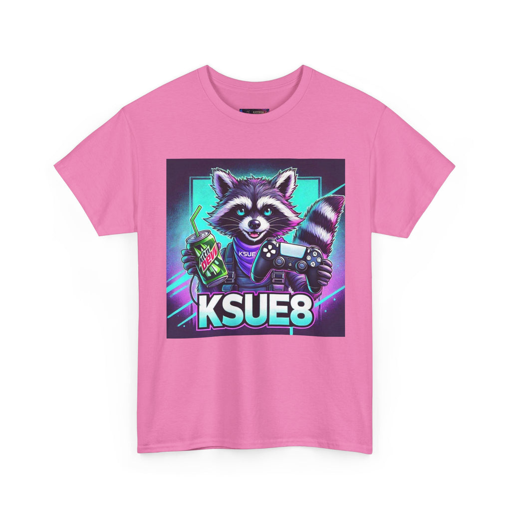 Raccoon Gamer Graphic Tee — 'KSUE8' Neon Retro Gaming T-Shirt